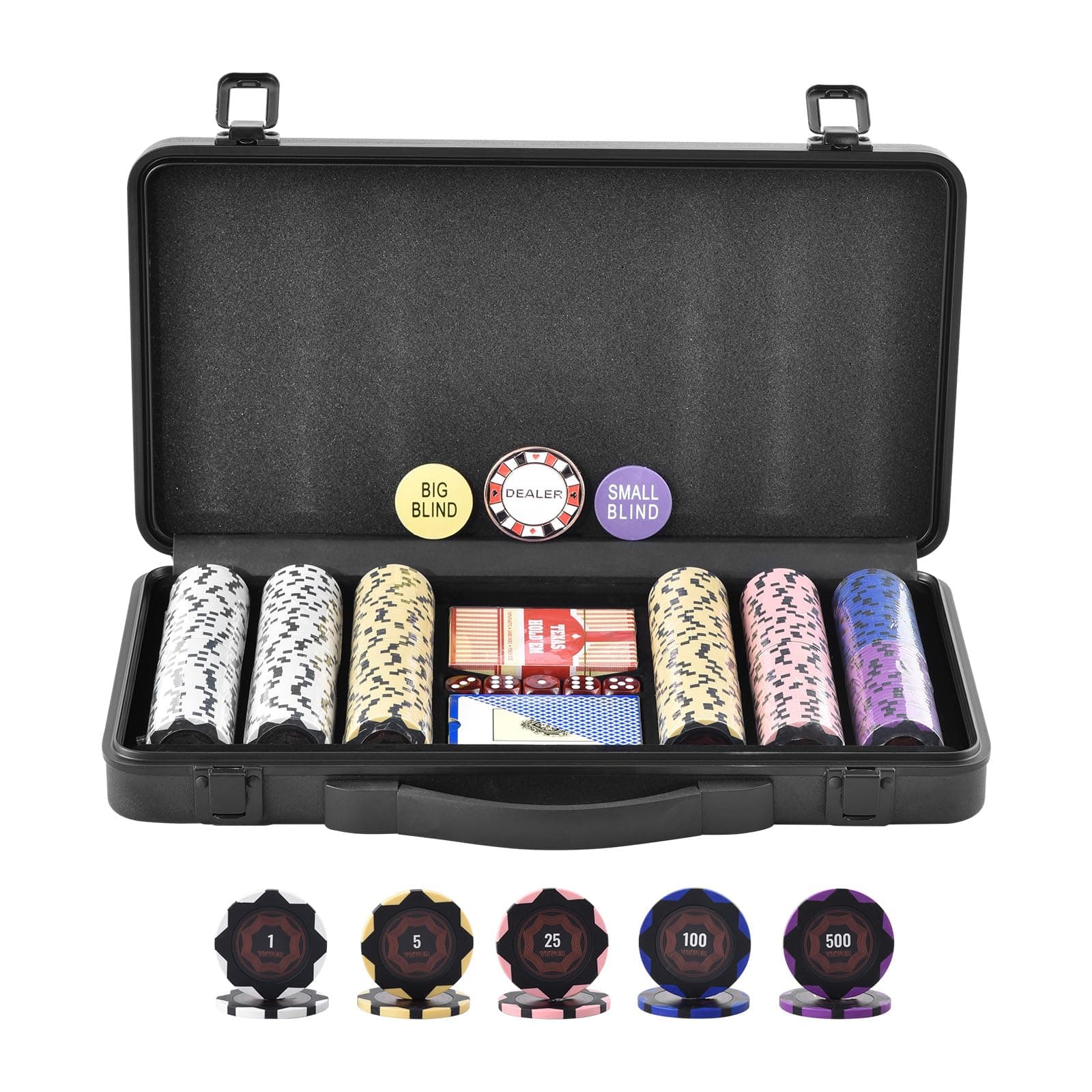 VEVOR Poker Chip Set, 300-Piece Poker Set, Complete Poker Playing Game Set with Carrying Case, Heavyweight 14 Gram Casino Clay Chips, Cards, Buttons and Dices, for Texas Hold'em, Blackjack, Gambling