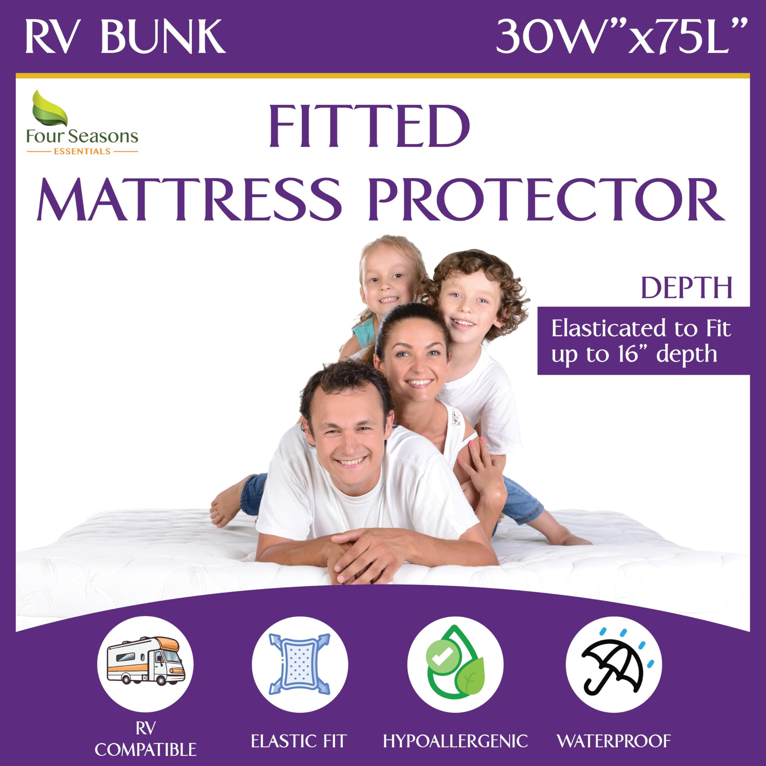 RV Bunk Waterproof Mattress Protector 30" x 75" - Fitted Sheet Style - Cot Size Hypoallergenic Premium Quality Cover Protects Against Dust, Allergies
