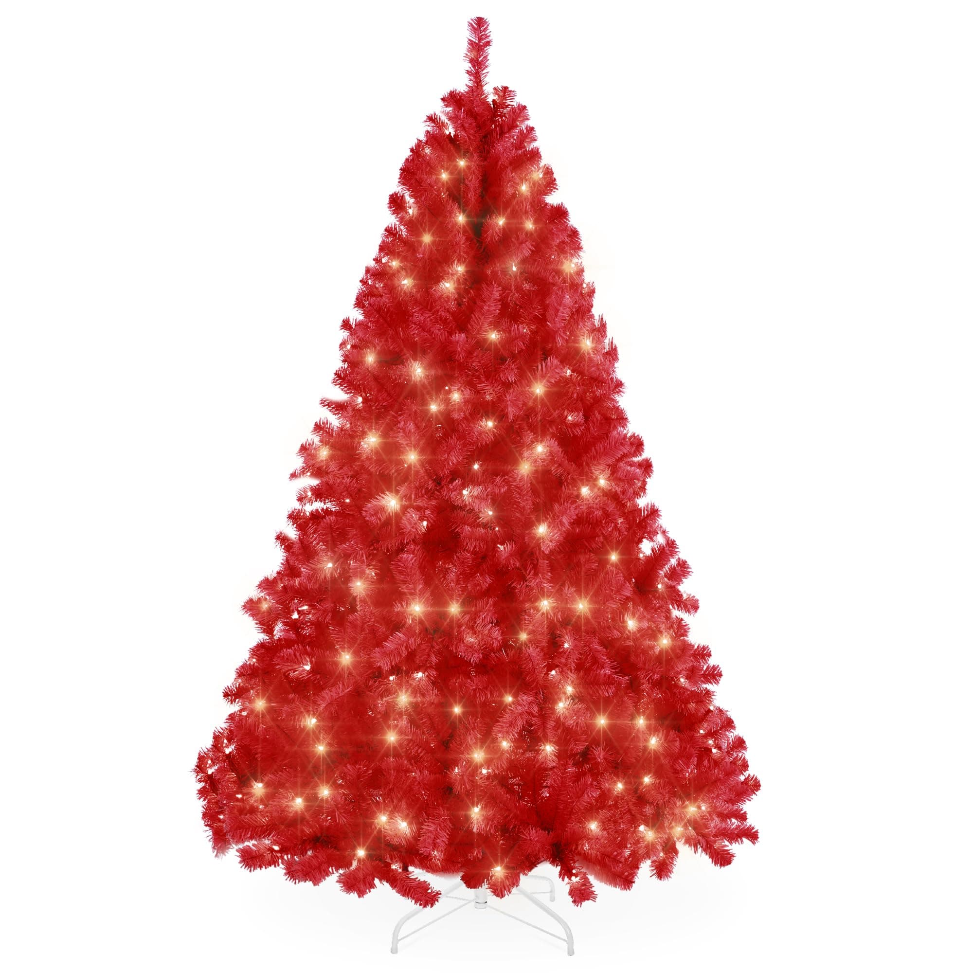 7.5ft Pre-Lit Red Christmas Tree, Full Artificial Holiday Decoration w/ 1,350 Branch Tips, 550 Lights, Foldable Base