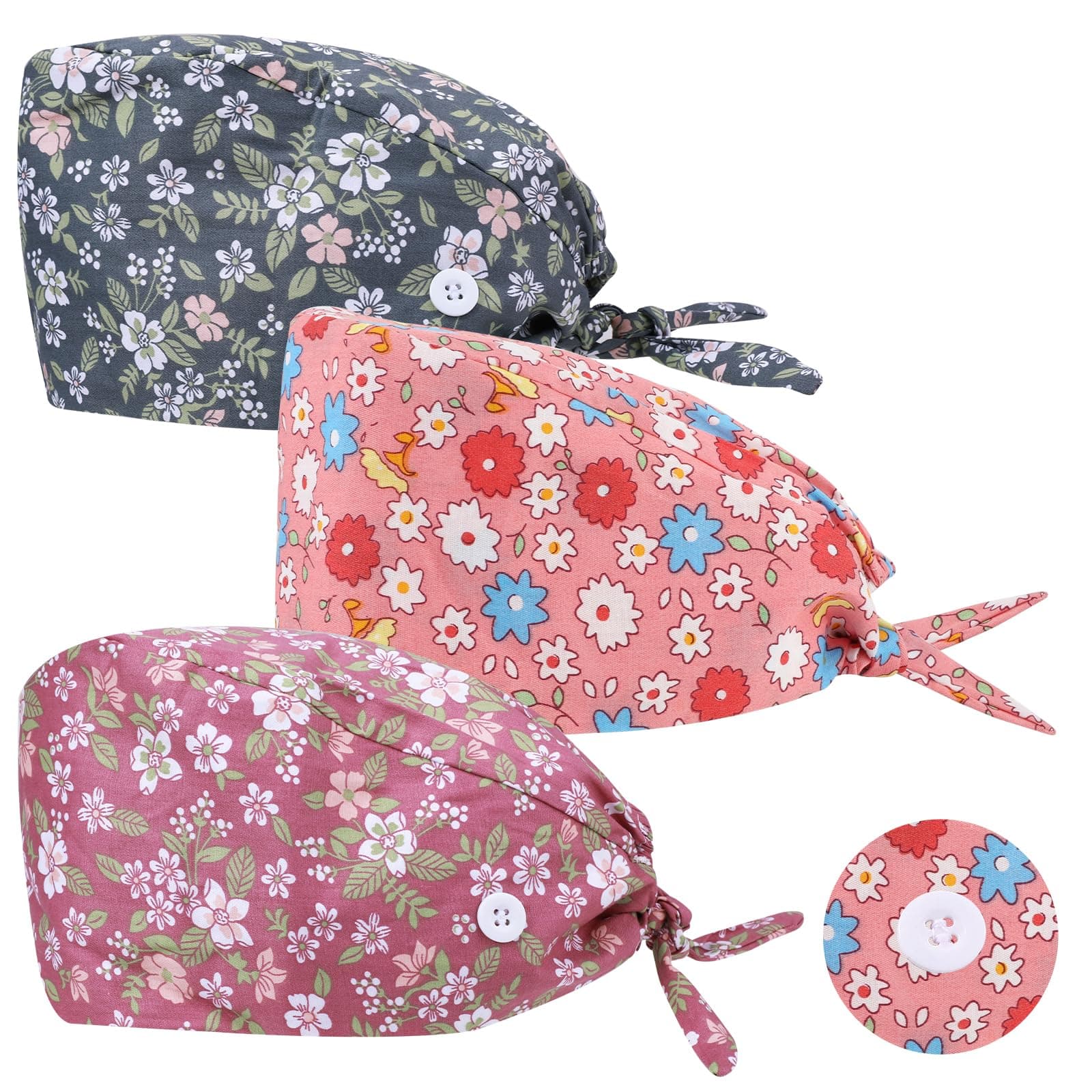 Yolev3 Pieces Adjustable Work Caps Bandana with Button Painter's Hat Cotton Printed Unisex Cap Dust Cover