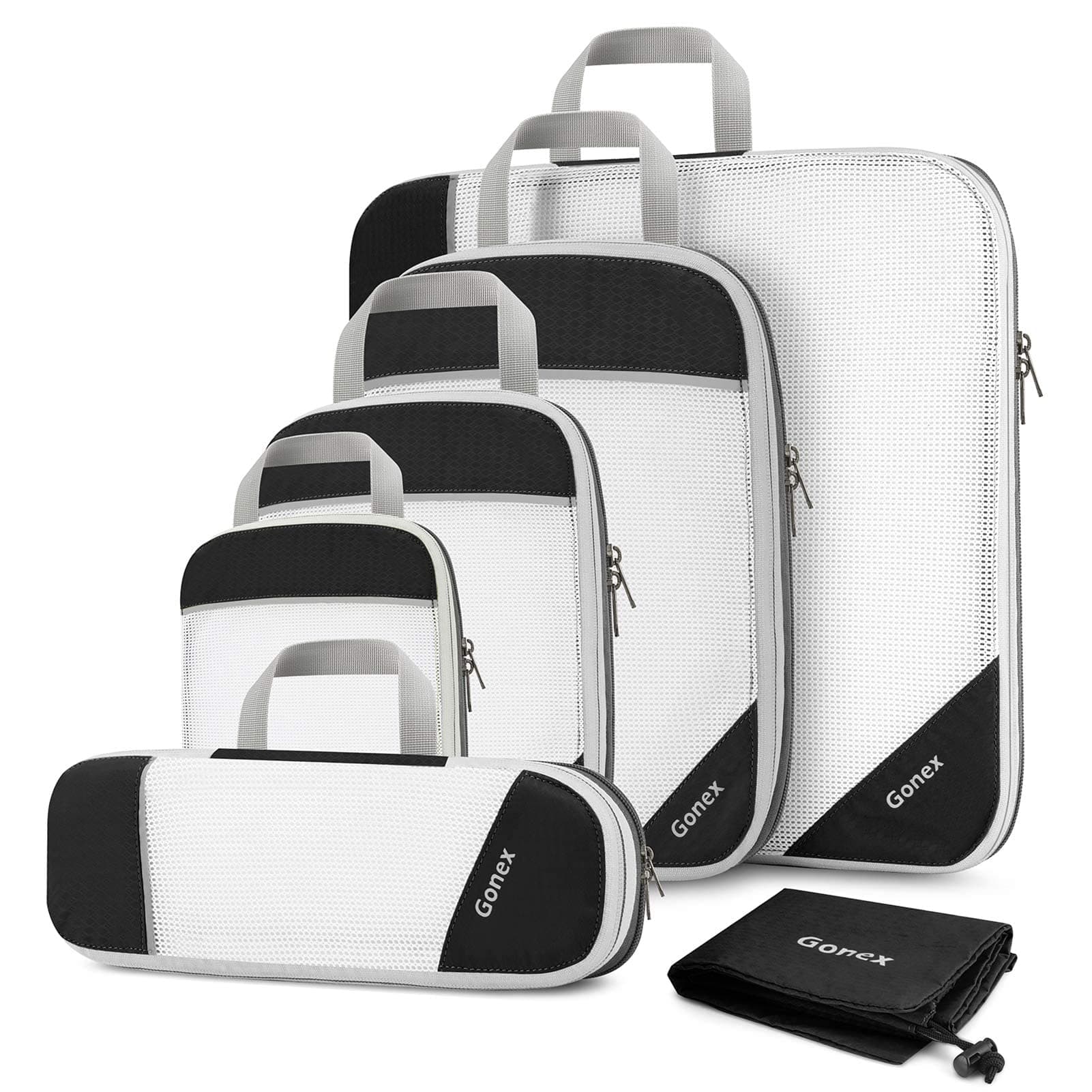 Compression Packing Cubes, Gonex Extensible Storage Mesh Bags Organizers, 6 PCS Black, L+M+S+XS+Slim+Laundry Bag