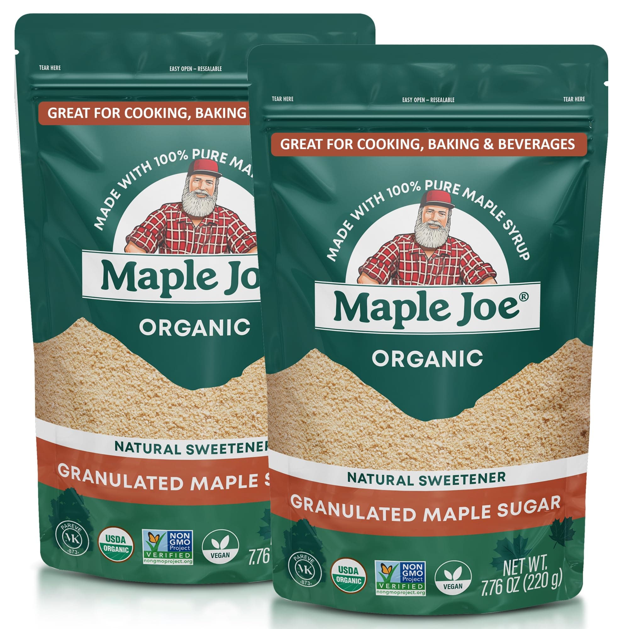 Maple Joe Pure Maple Sugar Granulated Made With 100% Grade A Maple Syrup. Powdered Maple Sugar For Cooking & Baking. White & Brown Sugar Substitute. Non-GMO Gluten Free & Vegan 7.8 oz /220g (2-pack)