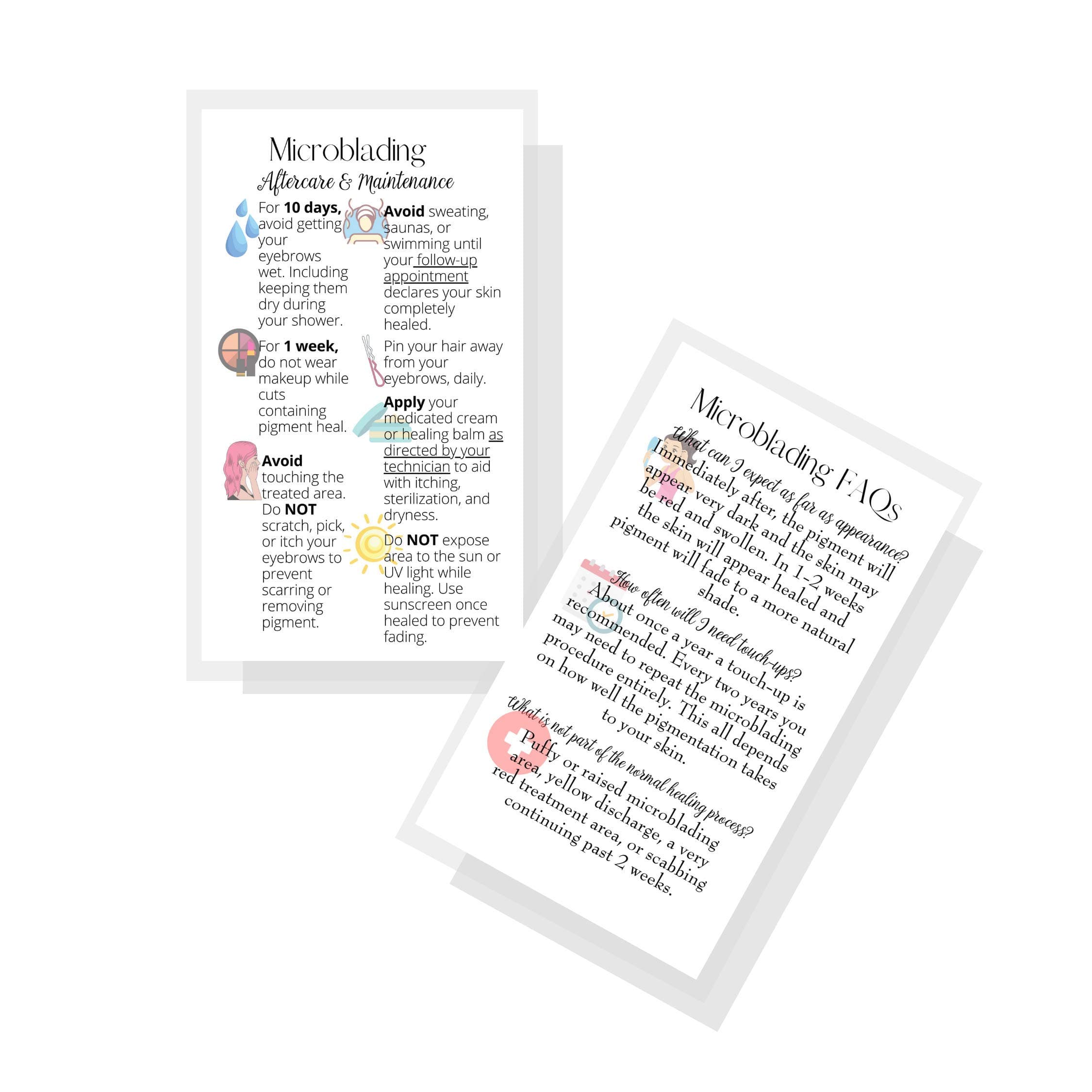 Microblading Aftercare Cards | 50 Pack | Size 3.5 x 2" inches | Disposable FAQ Microblade Printed Certified Recommended Care Instructions | White with Colorful Icons