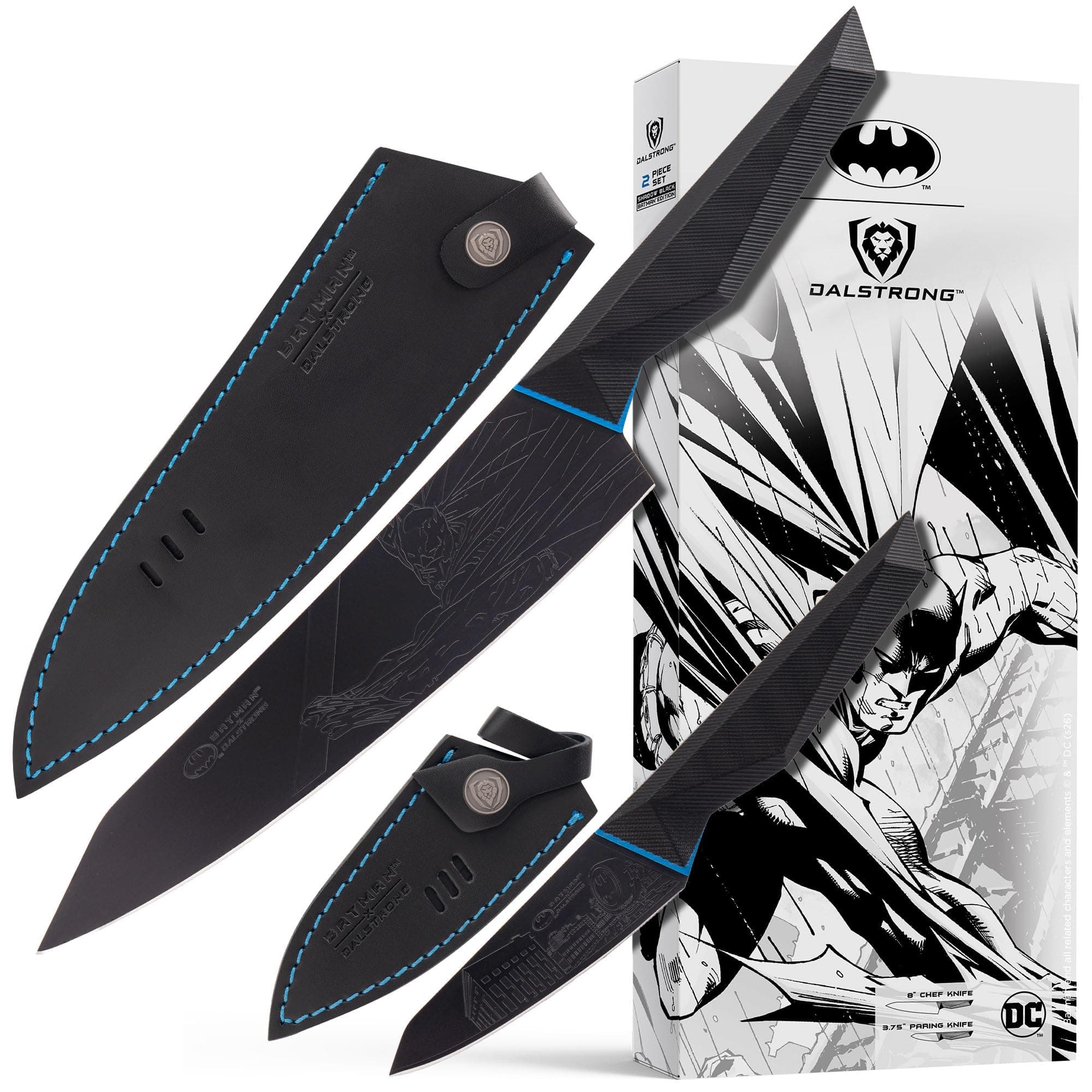 Knife Set - 2 Piece - BATMAN™ Shadow Black Edition - 8" Chef Knife 3.75" Paring Knife - High Carbon 7Cr17MoV Steel - Black Titanium Kitchen Knife - Collection Item - G10 Handle - Sheath