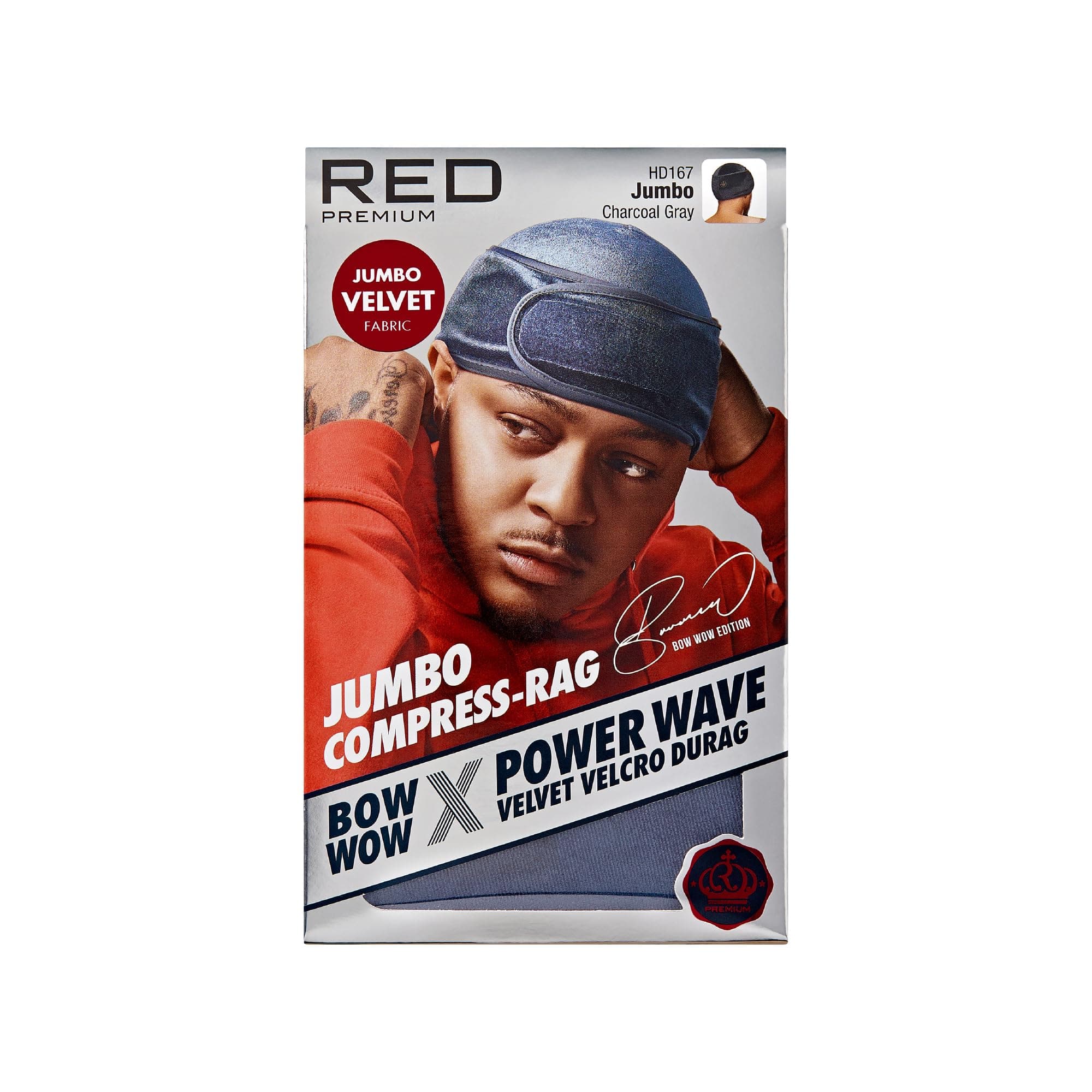 RED Premium Bow Wow X Power Wave Durag, 360 Wave Compression Cap for Men & Women, Adjustable Hook-and-Loop Strap, Stylish & Durable, Ideal for Locs, Braids, Finger Waves (Jumbo Velvet - Charcoal Gray)