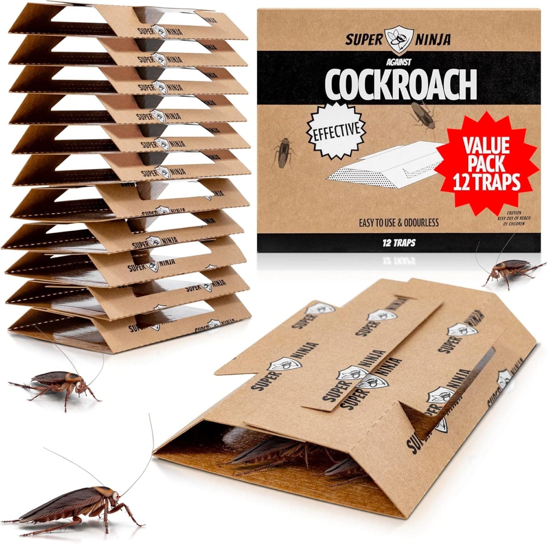 Cockroach Traps for Indoors – 12 Pack, Cockroach Control for Indoor Infestation, Safe & Toxin-Free Trap with Food Attractant, Nature-Friendly Pest Solution for Home, Garage & Shed
