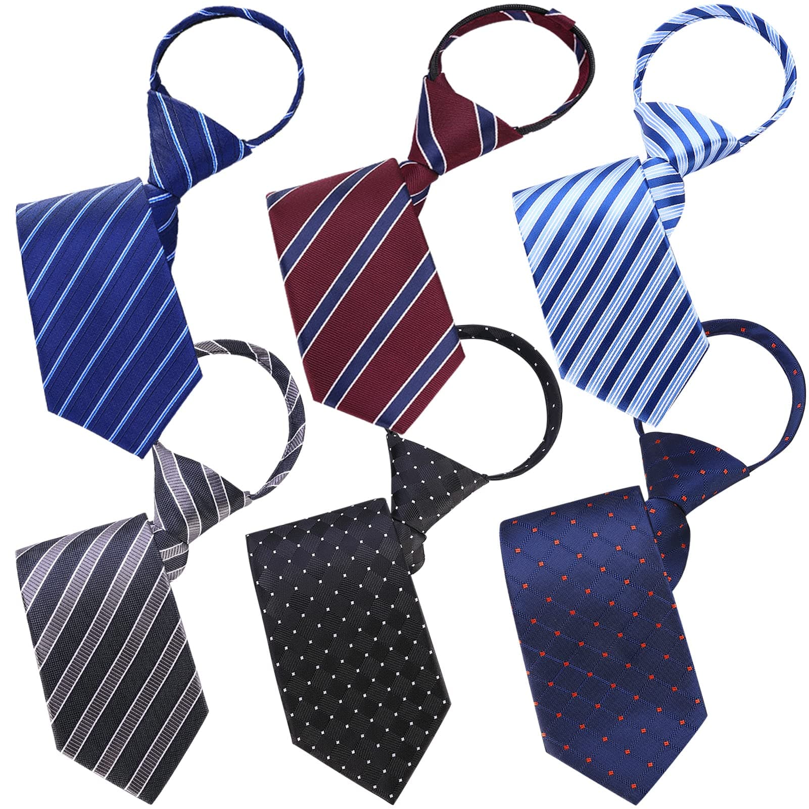 6 PACKS Men Necktie,Regular/Extra Long Adjustable Pre Tied Clip on Easy Zipper Neck Ties for Men (3.15in Wide)
