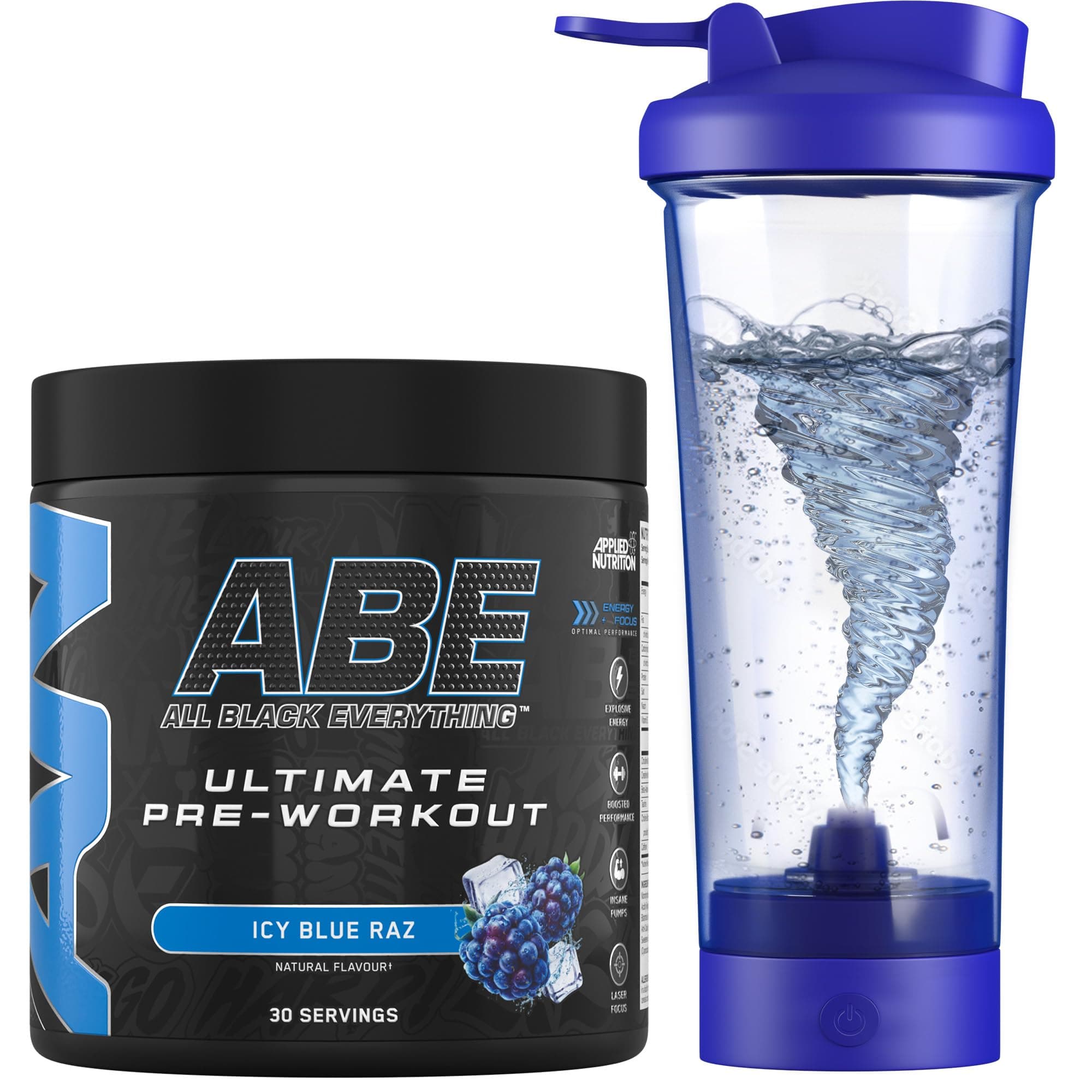 Applied Nutrition Bundle ABE Pre Workout 375g + Electric Shaker | All Black Everything Pre Workout Powder, Energy Drink, Physical Performance, Creatine, Beta Alanine, Caffeine (ICY Blue Raz)