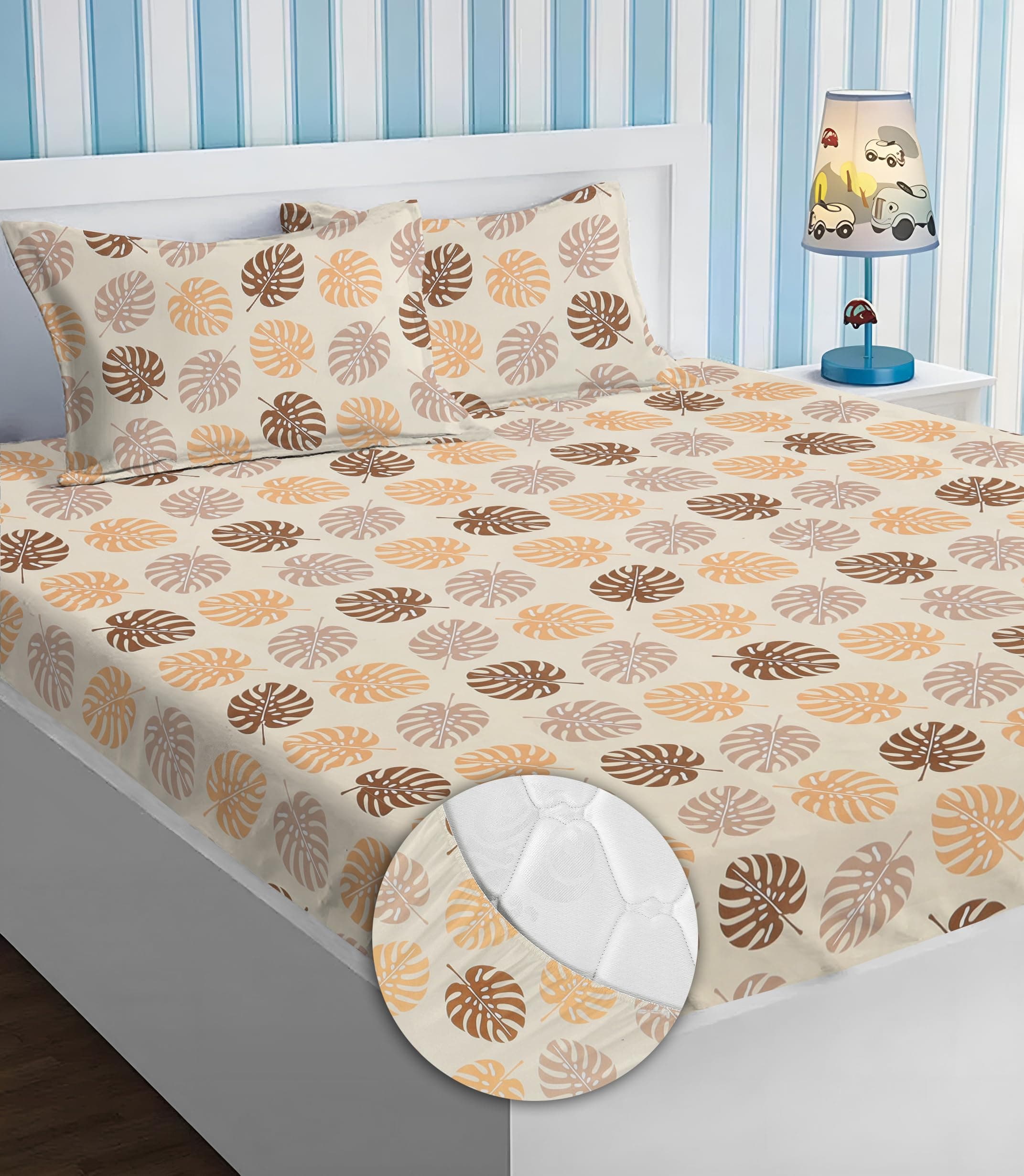 BSB HOME Premium Cotton All Round Elastic Fitted Bedsheets for Double Bed with 2 King Size Pillow Covers 220tc Supersoft |Wrinkel Free Bed Cover Size - 72 x 78 +10 inches | Leaf, Beige & Brown