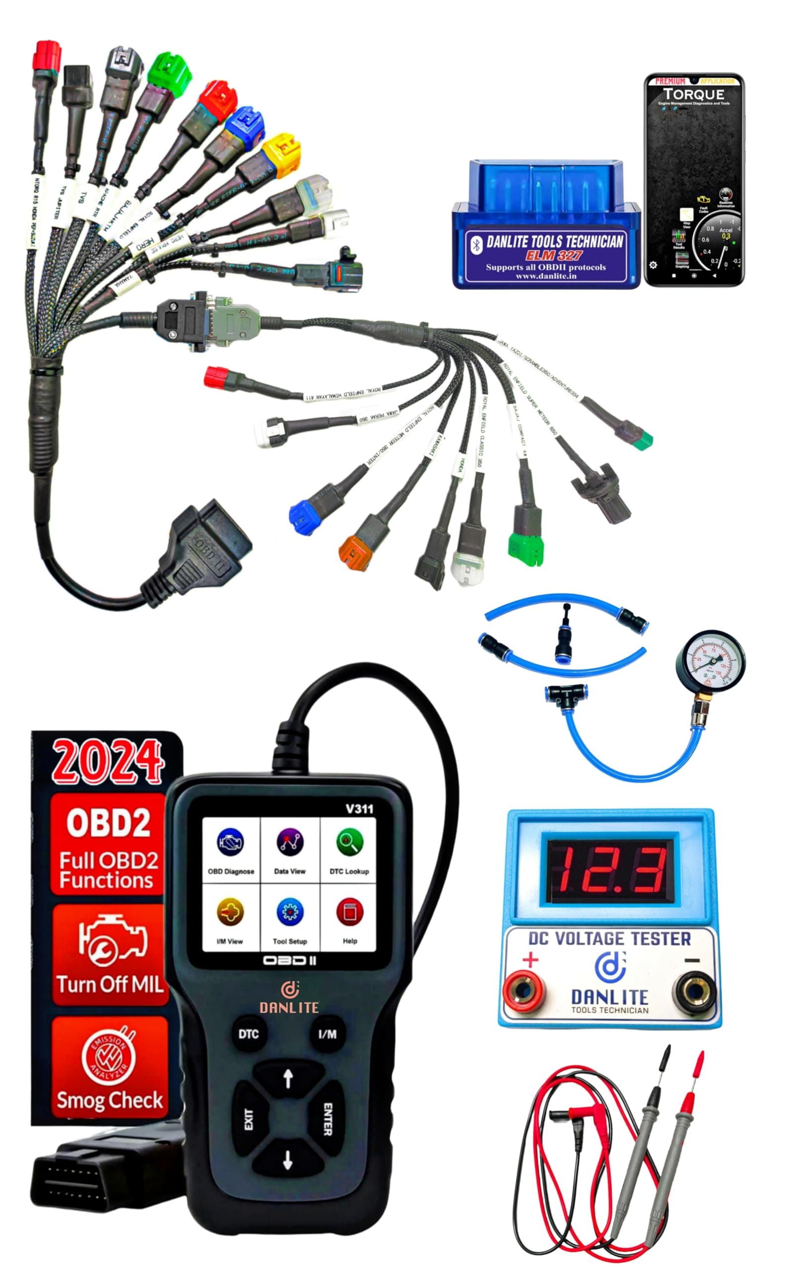 DANLITE TOOLS TECHNICIAN BS6-BS7 Bike Scanning Cable [21 COPLAR] with V311 OBD-II with Fast connectivity DC Voltage Tester Fule Pressure Gage Elm 327 Scanner Full Combo Kit…