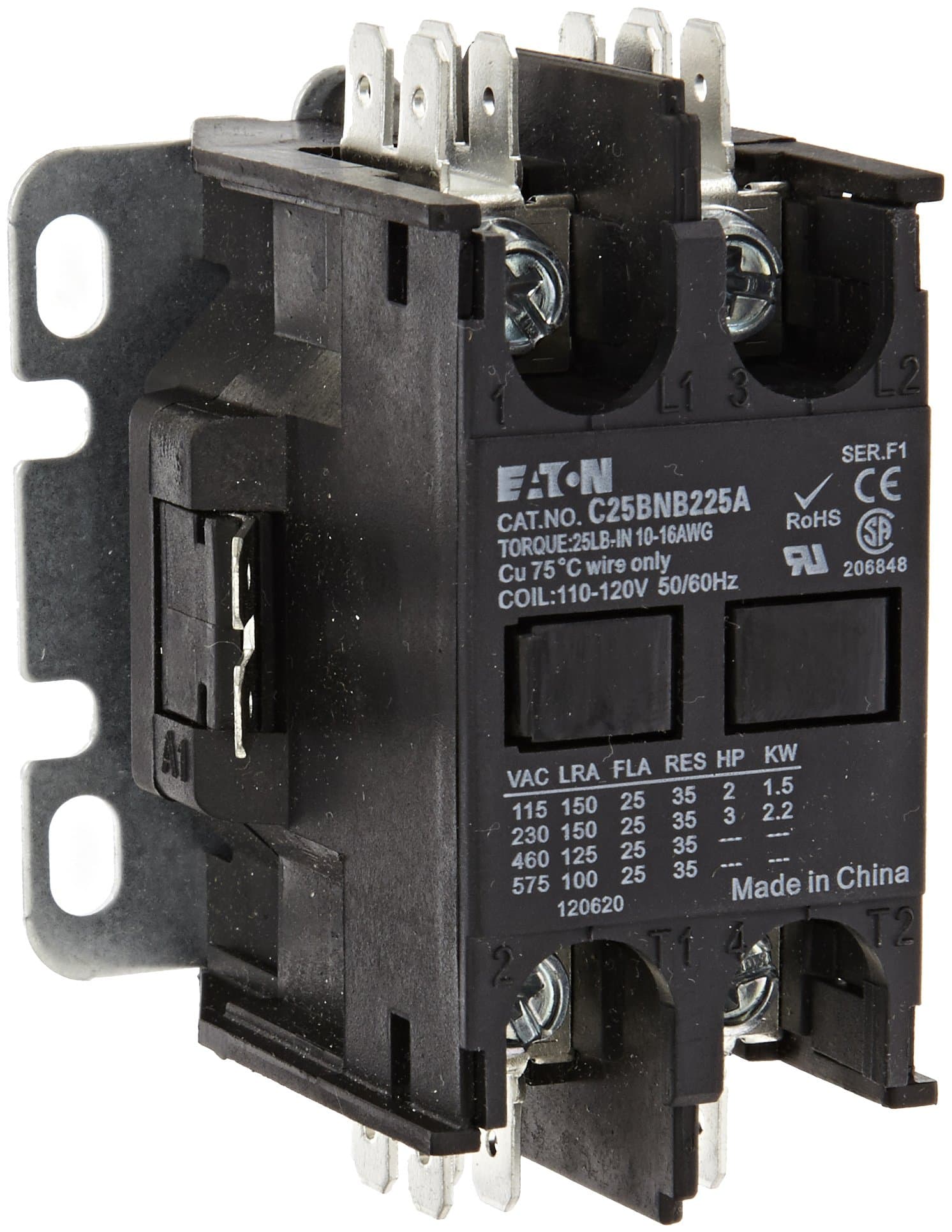 EatonC25BNB225A Compact Definite Purpose Contactor, 25A Inductive Current Rating, 2 Max HP Rating at 115V, 3 Max HP Rating at 230V, 120VAC Coil Voltage