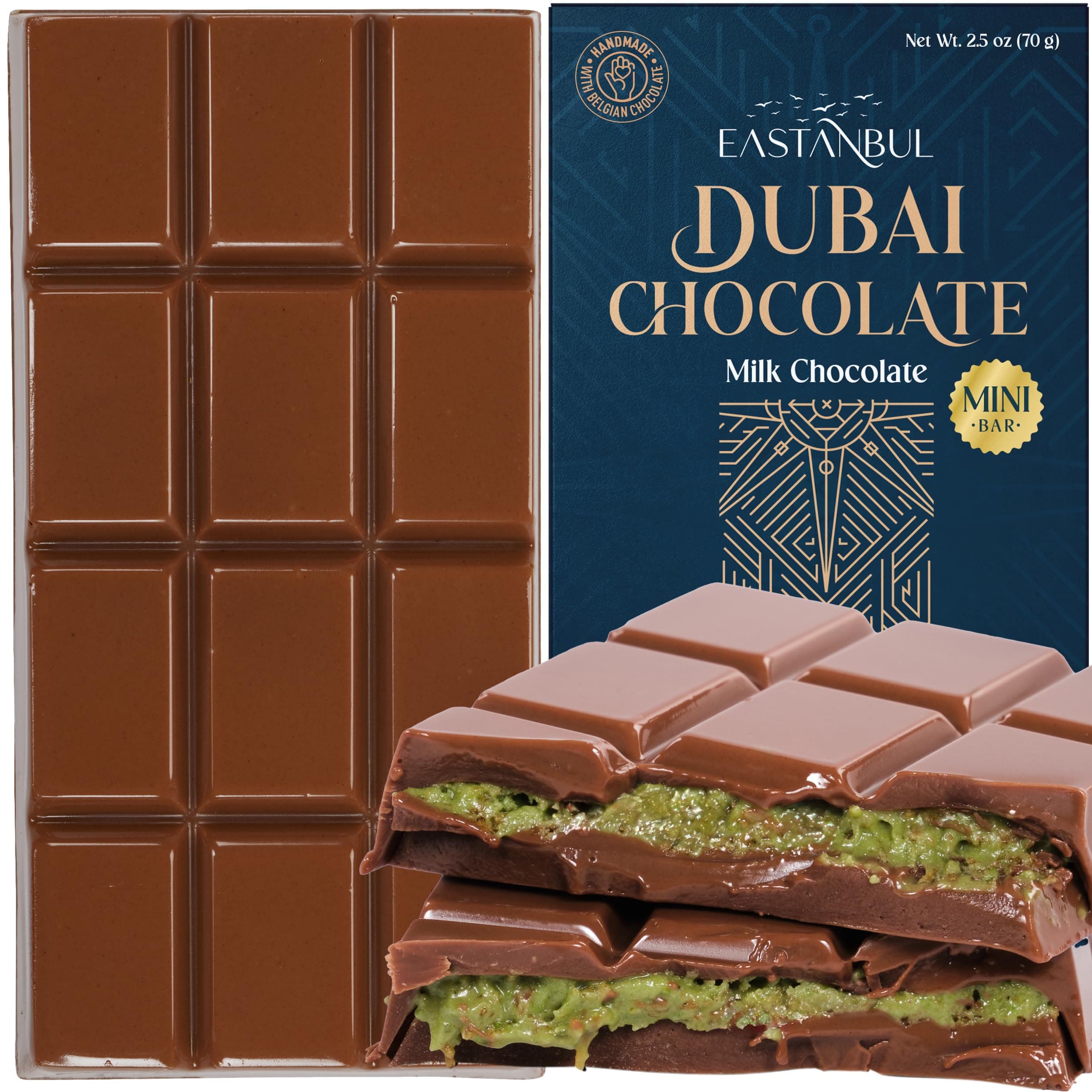 Dubai Chocolate Bar Pistachio, 70g, Pistachio Dubai Chocolate Bar, Kunafa Bar with Pistachio Cream Filling, Viral Candy with Shredded Phyllo Dough, Knafeh, Gift Box