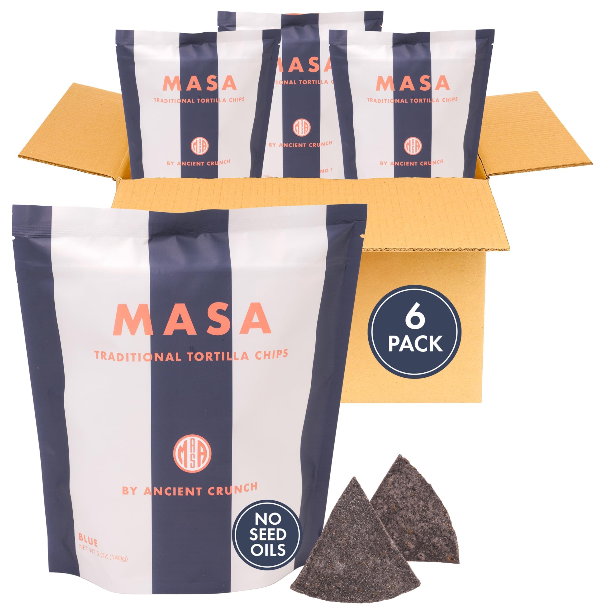 MASA Chips Blue Corn Tortilla Chips Cooked in Beef Tallow – Seed Oil Free Snack, 6pk×5 oz each– Handmade with Only Naturally Grown Blue Corn & Sea Salt, Gluten Free