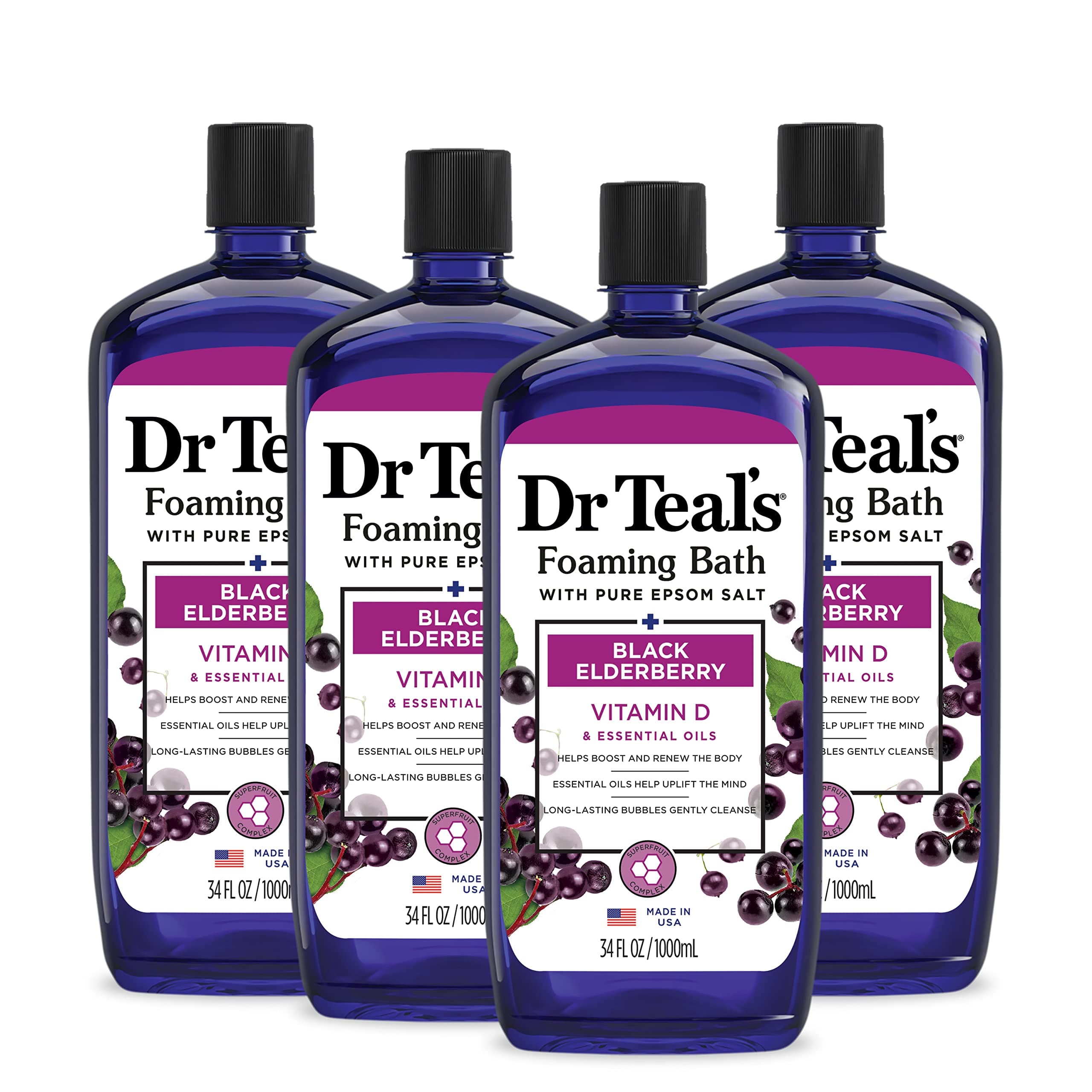 Foaming Bath with Pure Epsom Salt, Black Elderberry with Vitamin D, 34 fl oz (Pack of 4)