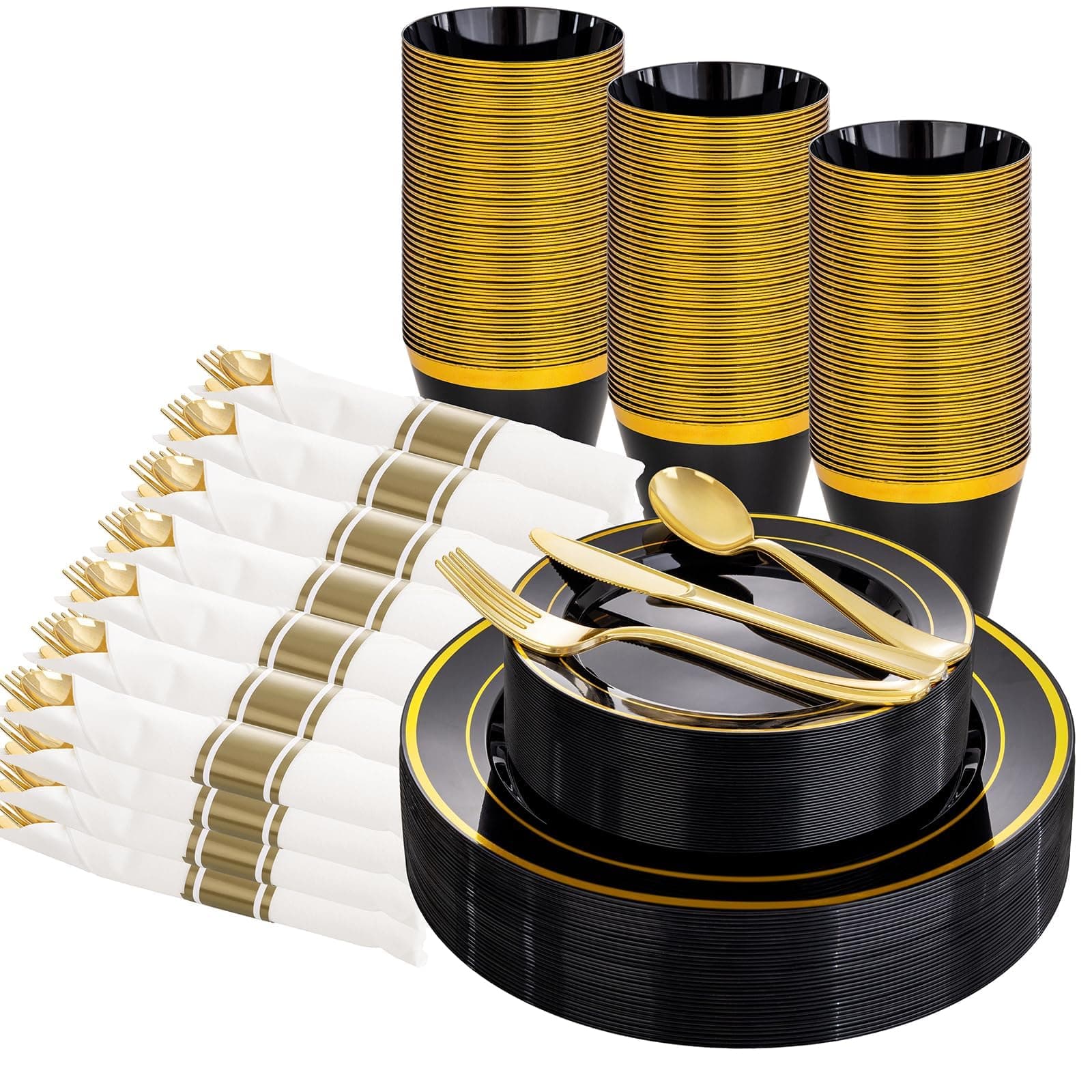 WELLIFE 210PCS Black and Gold Plastic Plates - Plastic Dinnerware Set for 30 Guests,Include 30 Dinner Plates, 30 Dessert Plates, 30 Black Cups 9 OZ, 30 Pre Rolled Napkins with Gold Silverware