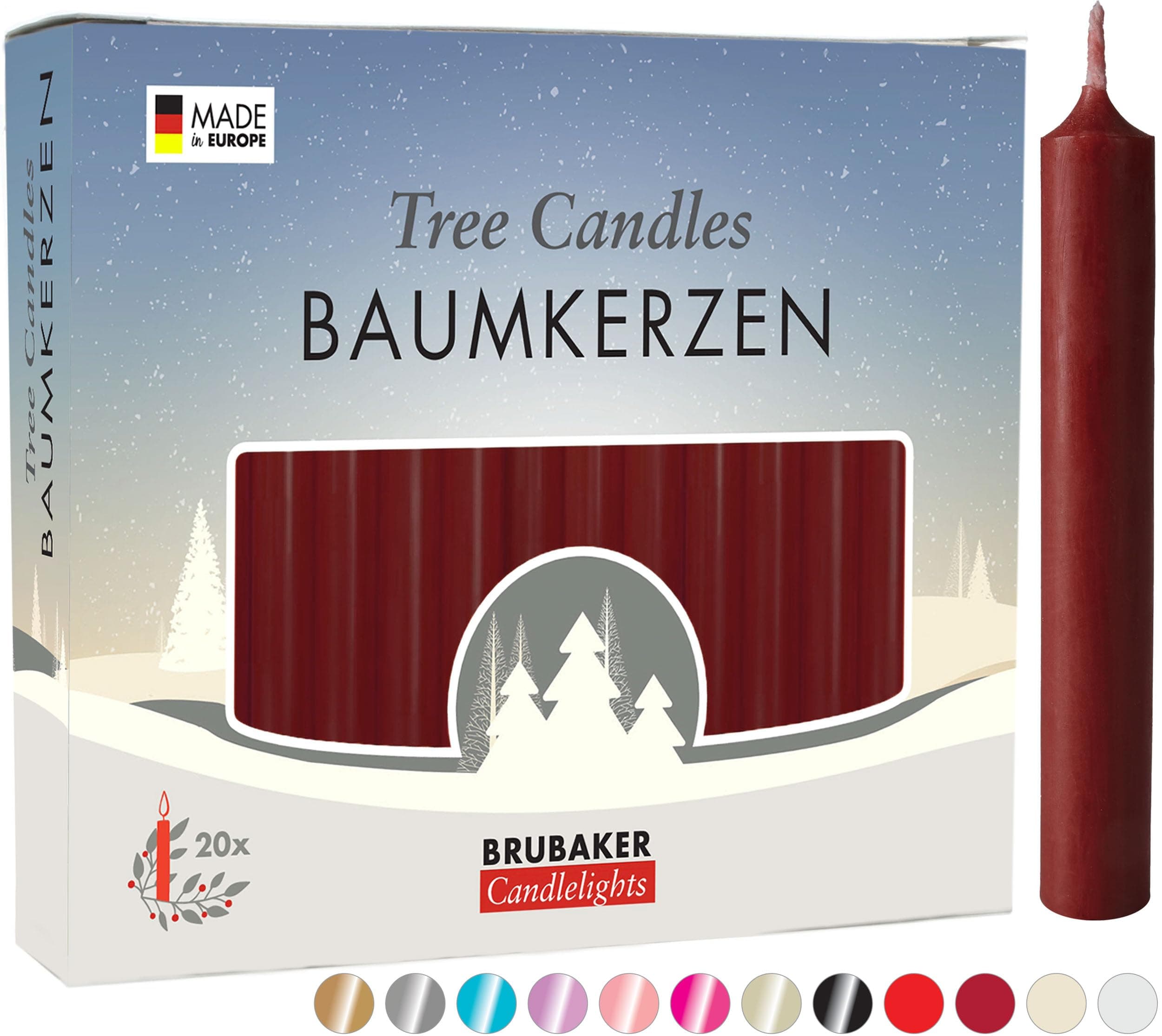 BRUBAKER 20 Pack Tree Candles - Pyramid Christmas Tree Candles - Dark Red