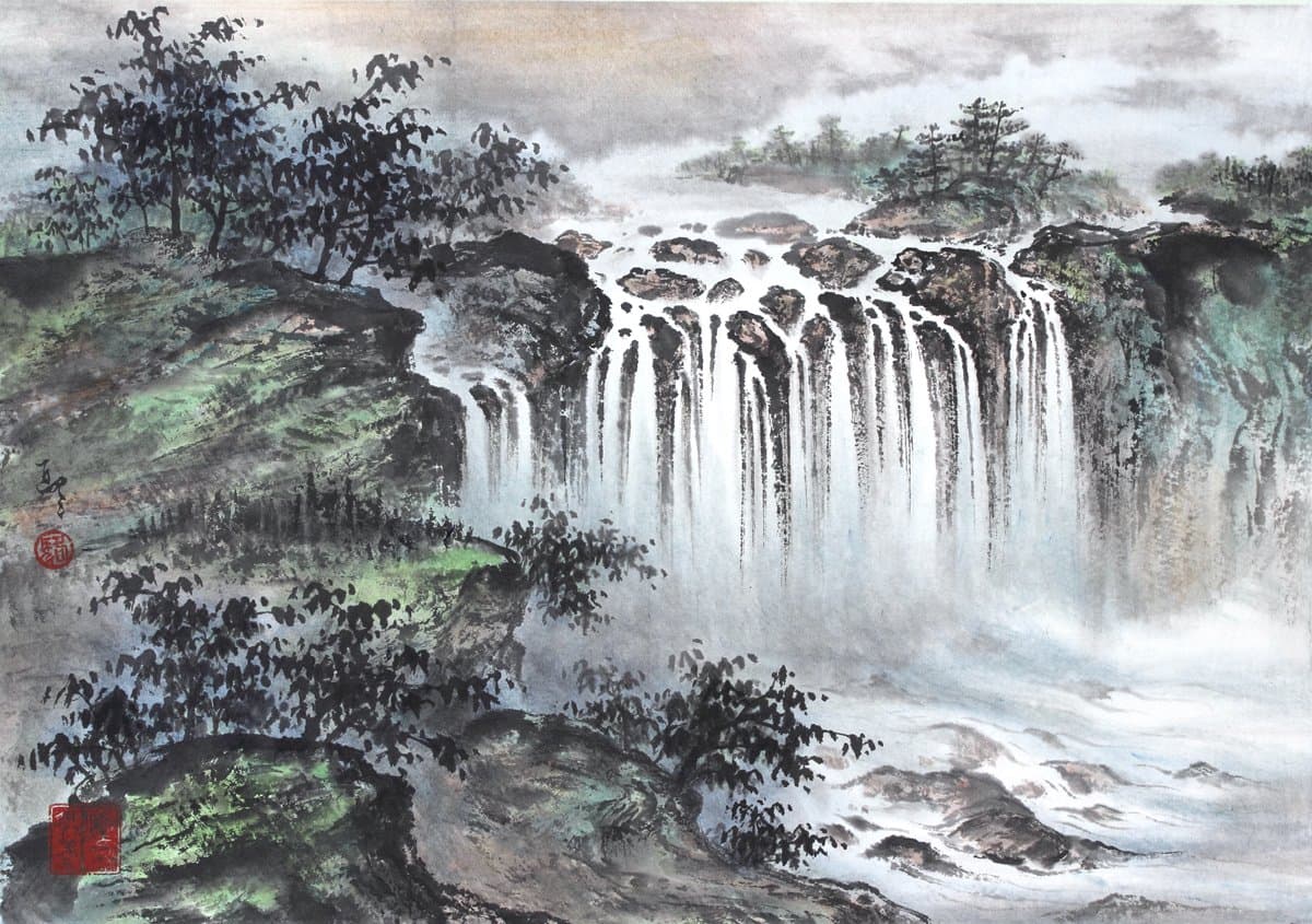 "Spring Returns to the Mountain" Oriental Waterfall Landscape, Giclee Print of Original Sumi-e Painting, Various Sizes (13 x 20)