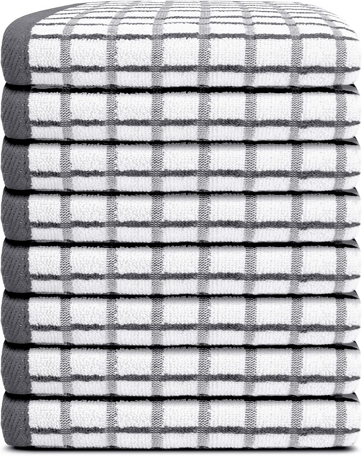 White Classic [8 Pack] Premium Dish Towels for Kitchen, with Hanging Loop - Heavy Duty Absorbent 100% Cotton 410 GSM Terry Kitchen Towels, 16x26 (Grey)