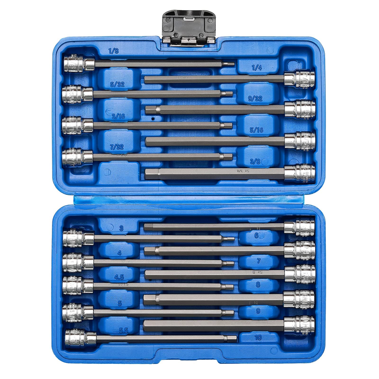 Mayouko 3/8" Drive Extra Long Allen Hex Bit Socket Set, S2&CR-V, Metreic&SAE, 18 Pieces, 1/8" - 3/8", 3-10 mm