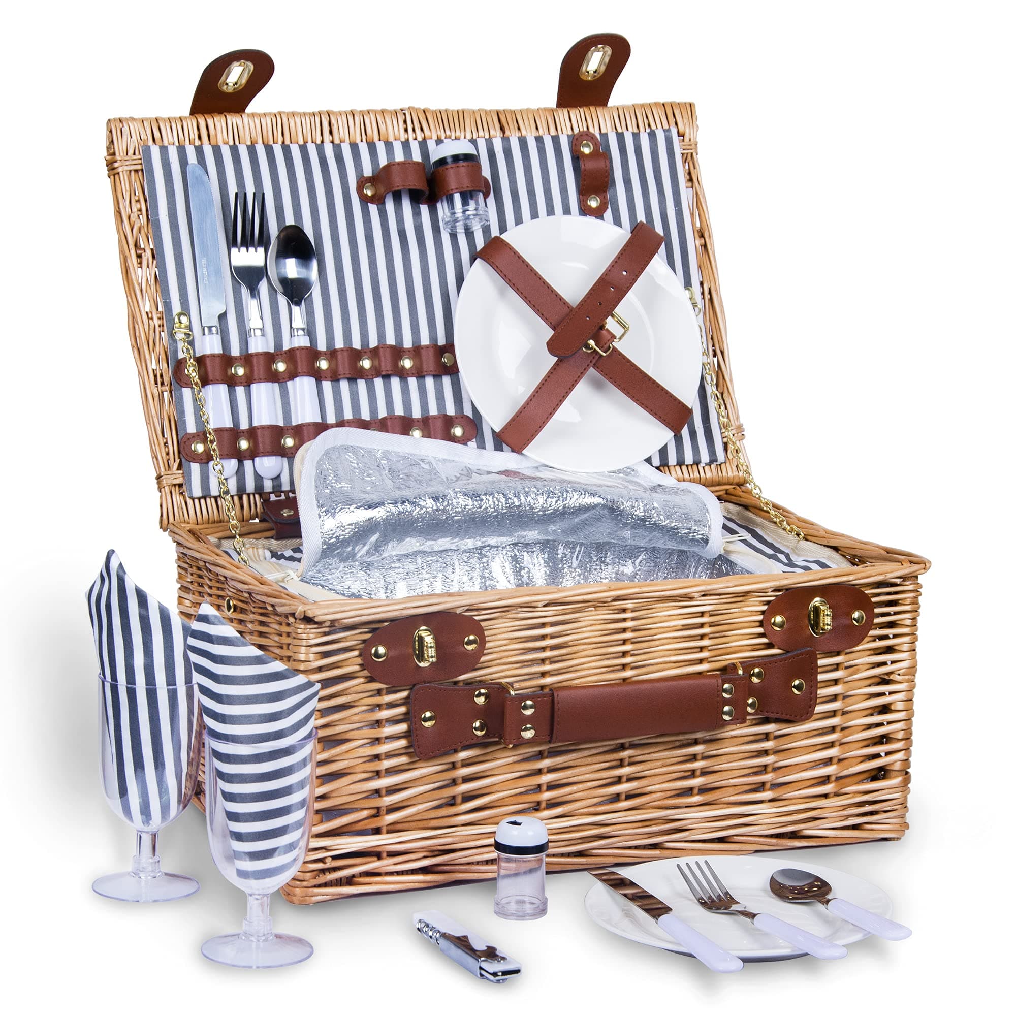 Wicker Picnic Basket Set for 2 Persons | Large Willow Hamper with Insulated Cooler Compartment and Cutlery Service Kit, Classic Stripes