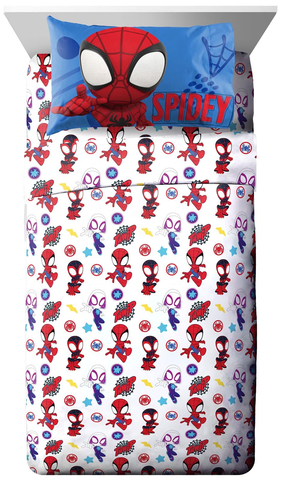 Jay Franco Kids Sheet Set with Fitted, Flat Sheets & Pillow Cover - Ultra-Soft Bedding with Pillowcase for Room Decor, White - Spidey & Friends, 3 Piece Twin