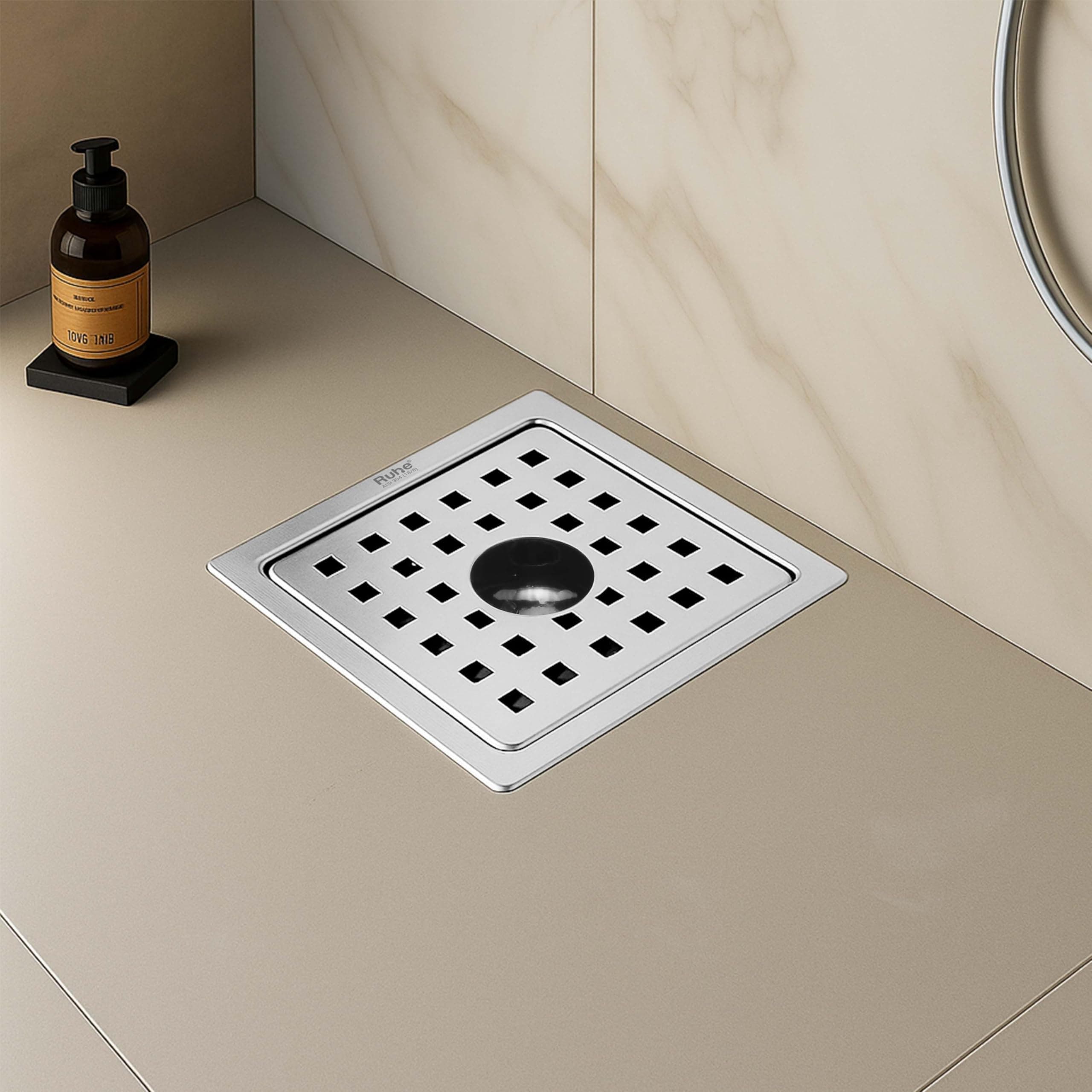 Ruhe® Fire Square Flat Cut Floor Drain | 304-Grade Stainless Steel Drain Jali | 5 x 5 inches | Floor Drainer with Cockroach Trap/Jali & Hole