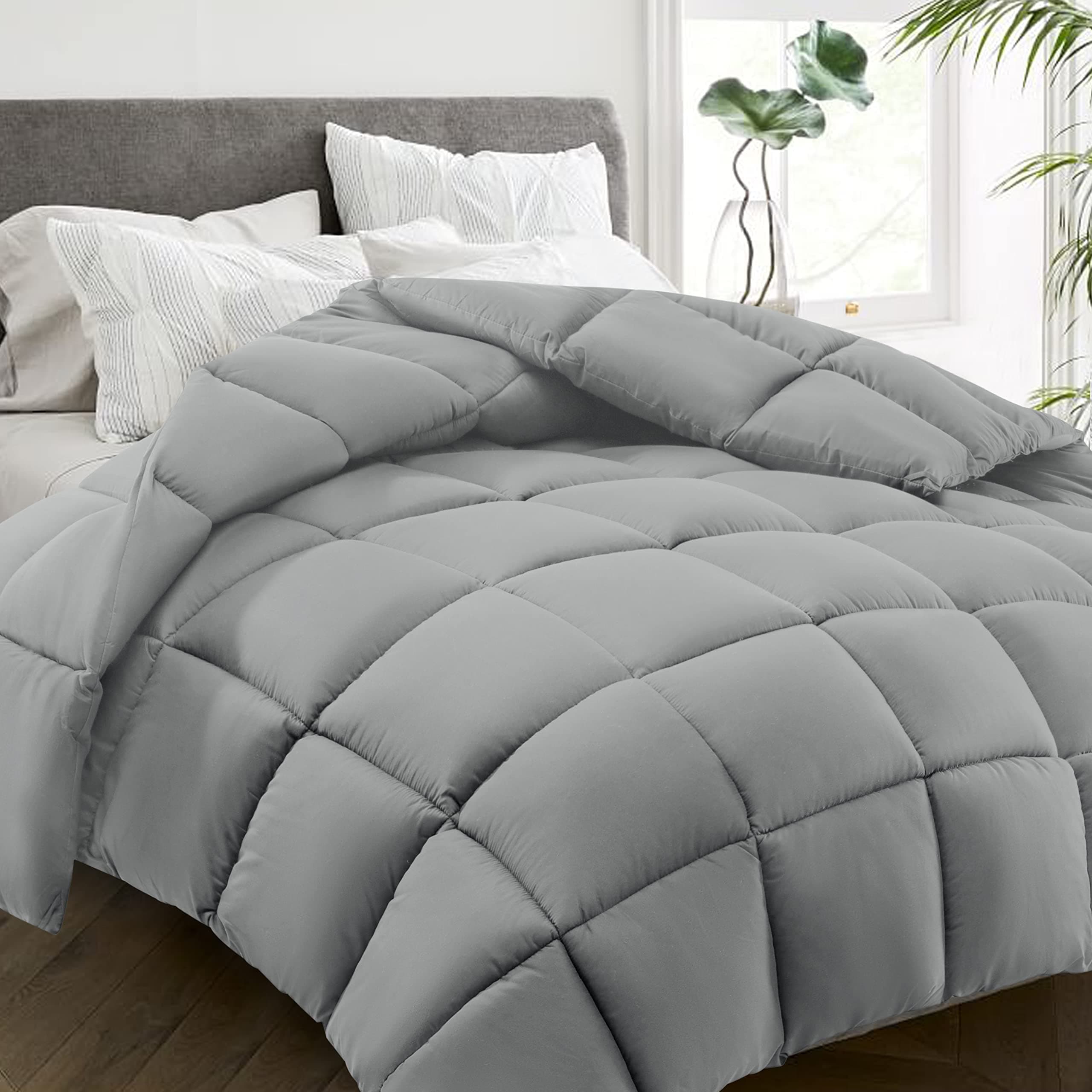 All Season Full Size Bed Comforter - Cooling Down Alternative Quilted Duvet Insert with Corner Tabs - Winter Warm - Machine Washable - Light Grey