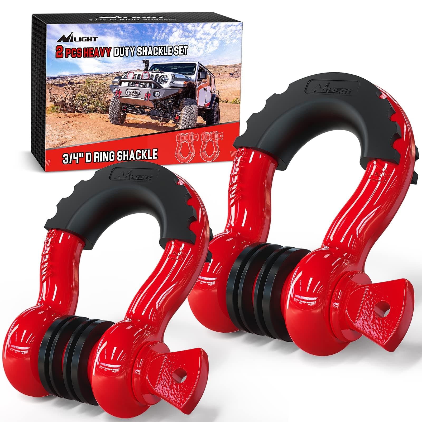 2 Pack 3/4" D-Ring Shackle 4.75 Ton (9500 Lbs) Capacity with 7/8" Pin Heavy Duty Off Road Recovery Shackle with Isolators & Washer Kit for Jeep Truck Vehicle, Red (90053B)
