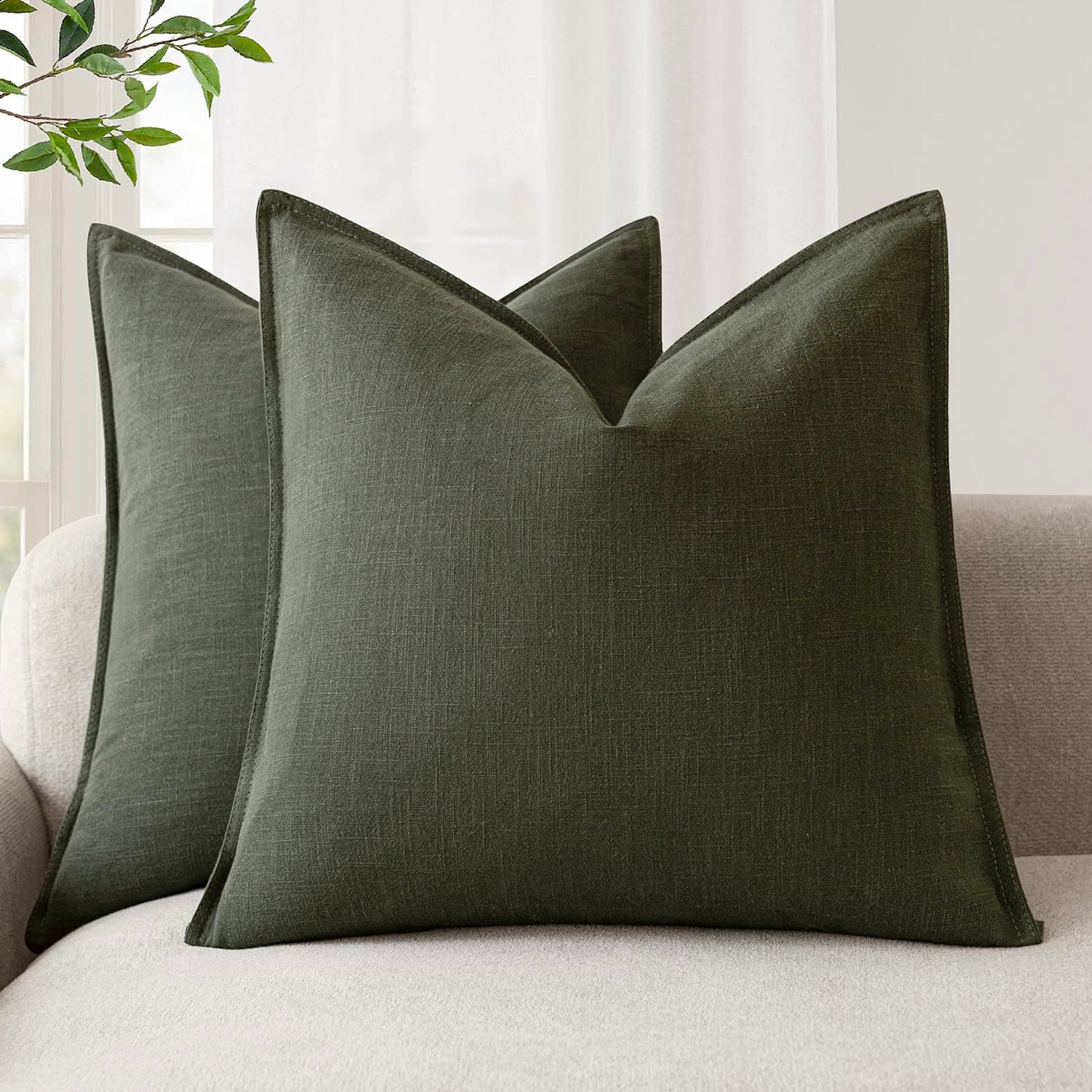 Foindtower Pack of 2, Decorative Linen Solid Throw Pillow Covers Soft Accent Cushion Case Farmhouse Neutral Pillowcase for Chair Couch Sofa Bedroom Living Room Home Decor 18 x 18 Inch Dark Olive Green