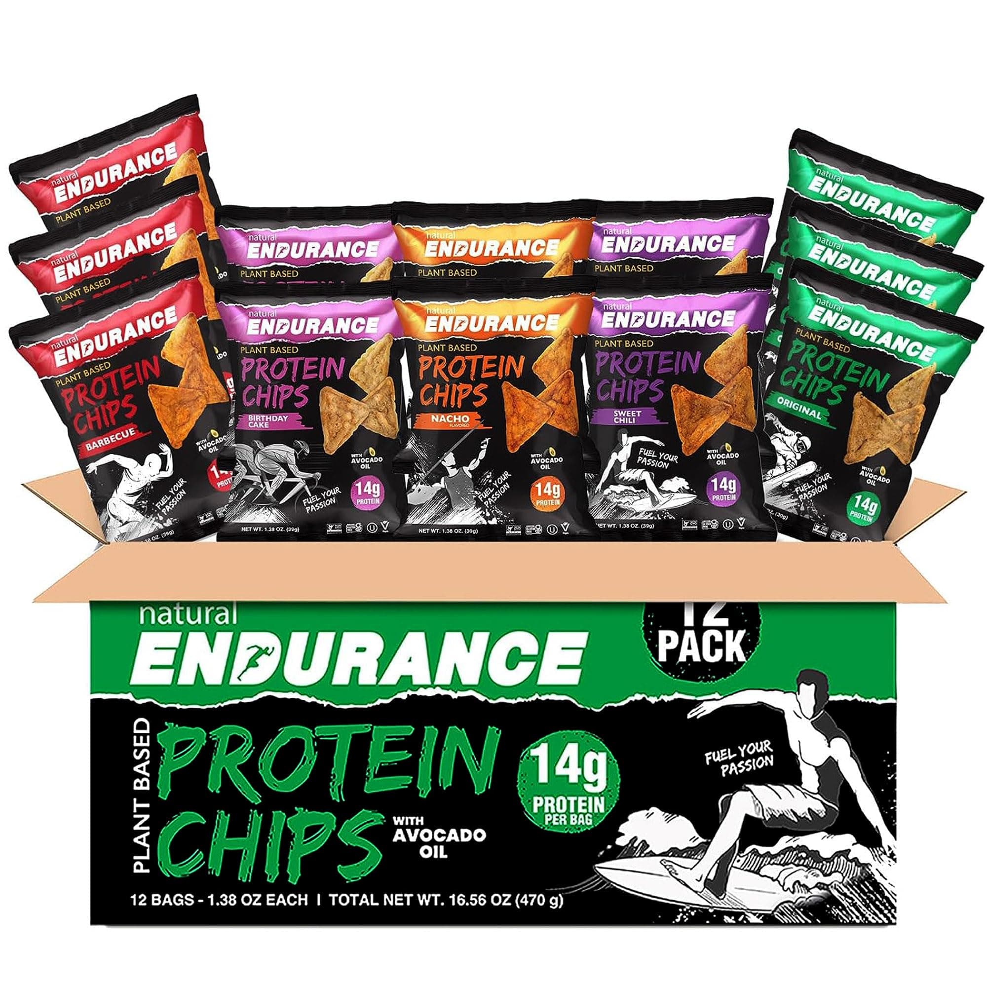 Natural Endurance Protein Chips - Nacho Chips, Low Carb Chips, High Protein Snack, Vegan Protein with Avocado Oil, 14g Protein Per Bag, Gluten Free - Nacho Flavor, 1.38 oz Bags (Pack of 12)