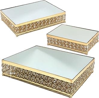 Allgala Wedding Cake Stands 3-Piece Set Crystal Gold Plated Cheese Dessert Cupcake Cake Stand with Mirror Plate-Gold Rectangle-HD89203