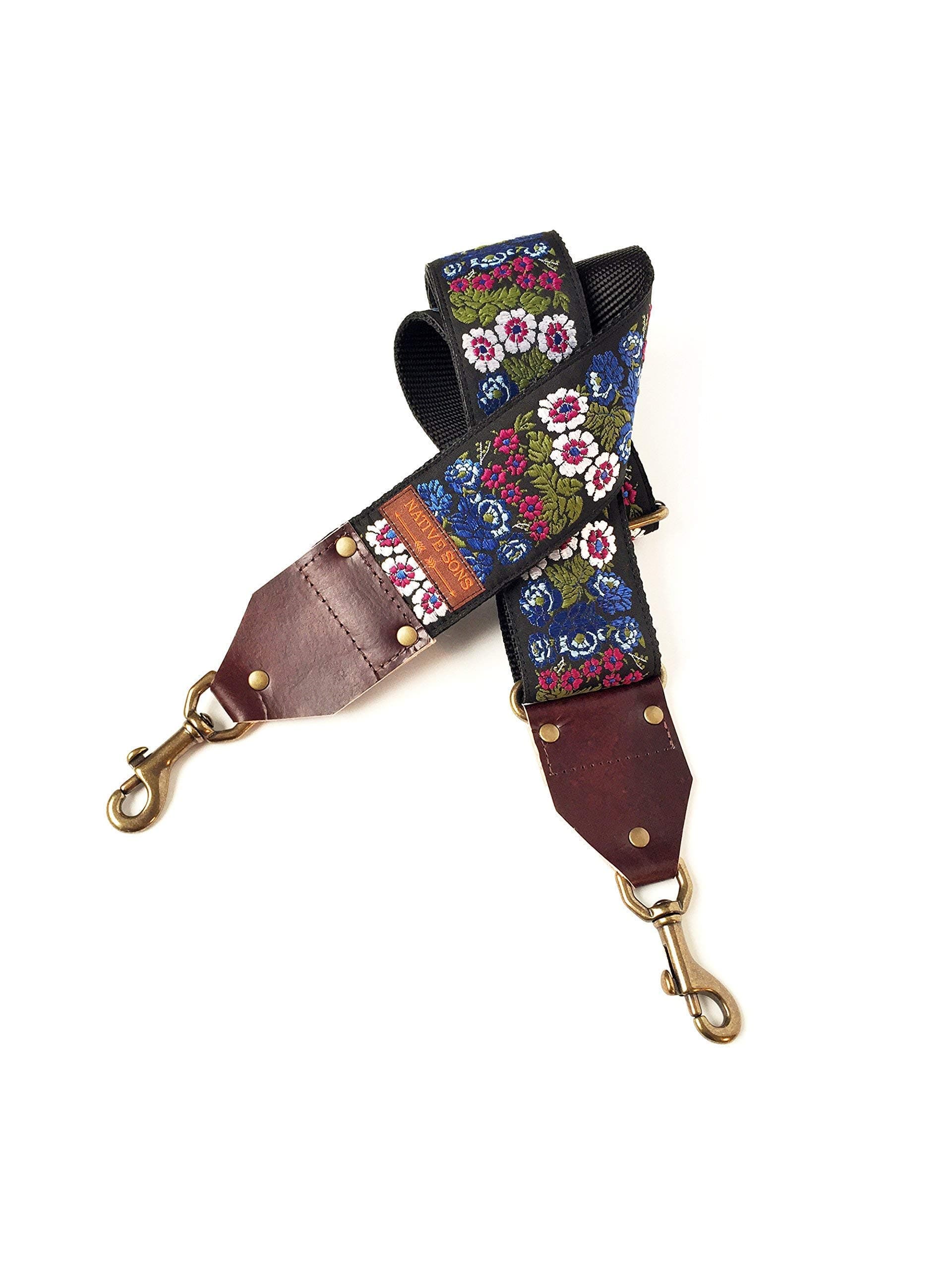 The Aster Guitar Strap Style Bag Strap- Unique Blue, green and Purple floral strap on Black background for purse, handbag, luggage strap,