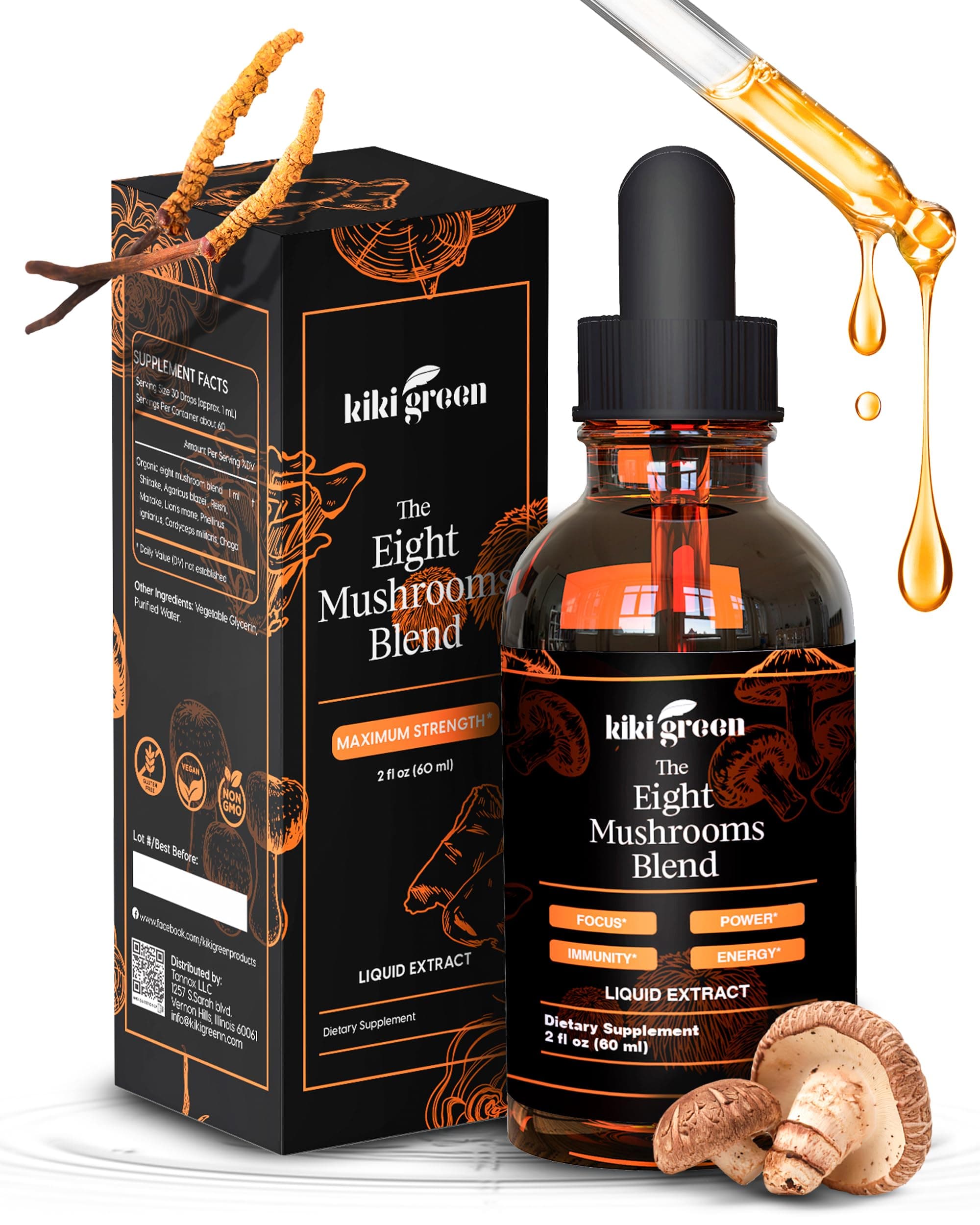 - Kiki Green 8 Mushrooms Liquid Extract Drops - Adaptogenic Complex for Cognitive Support, Immunity Boost - Lions Mane Supplement, Cordyceps, Chaga, Reishi, Shiitake, Maitake, Red Reishi
