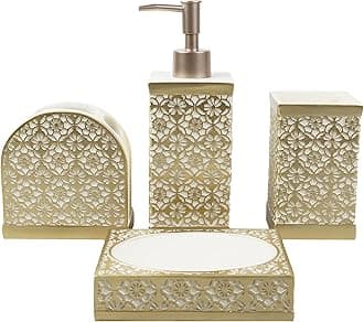 Hymmah Gold Bathroom Accessories Set, Farmhouse Bathroom Decor, 4 Pcs Resin Gift Set Apartment Supplies, Include Cotton Swab, Soap Dispenser, Tumbler, Soap Dish/Tray