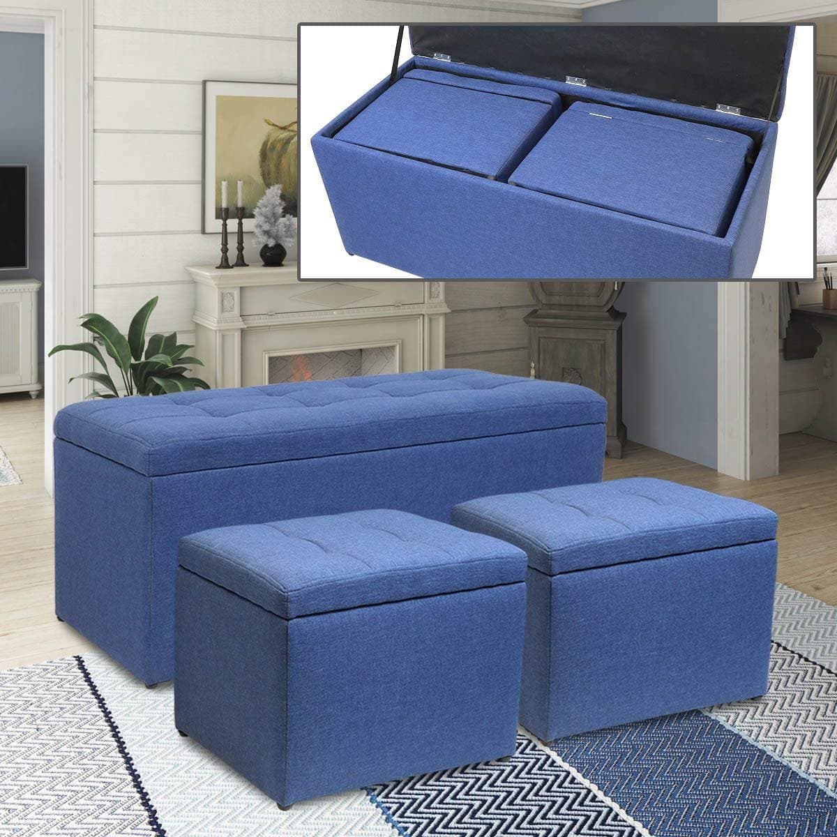 3 Piece Storage Ottoman Bench Footrest with 2 Cube Ottoman Set (Fabric Linen Blue)