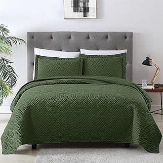 EXQ Home Quilt Set Twin Size Olive Green 2 Piece,Lightweight Soft Coverlet Modern Style Squares Pattern Bedspread Set(1 Quilt,1 Pillow Sham)