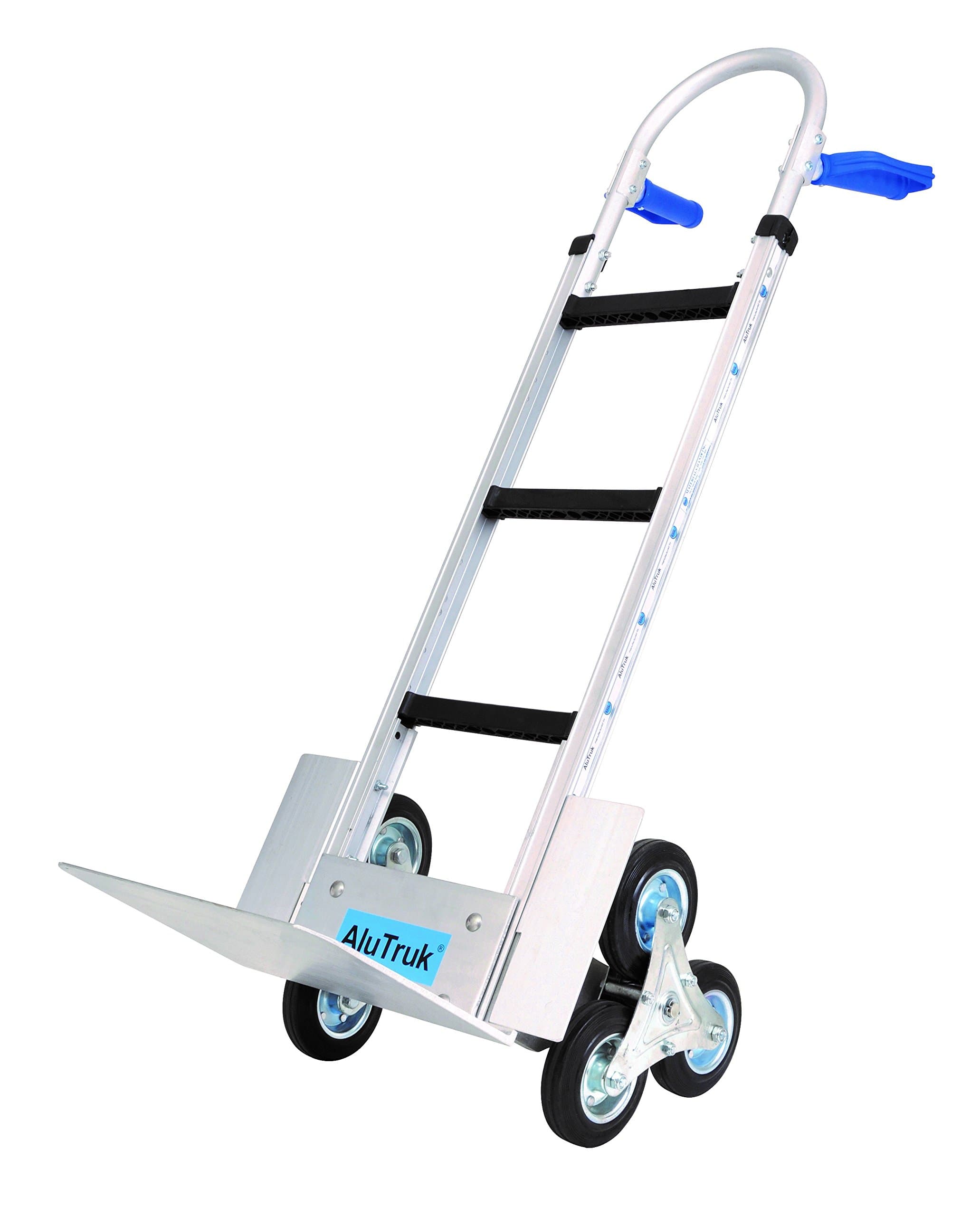 AluTruk Stairclimber, Tri-Wheel Design, Vertical Loop Handle, 405 mm × 305 mm Toe Plate, Wheelguards, 505 mm W × 1310 mm H × 660 mm L, Blue