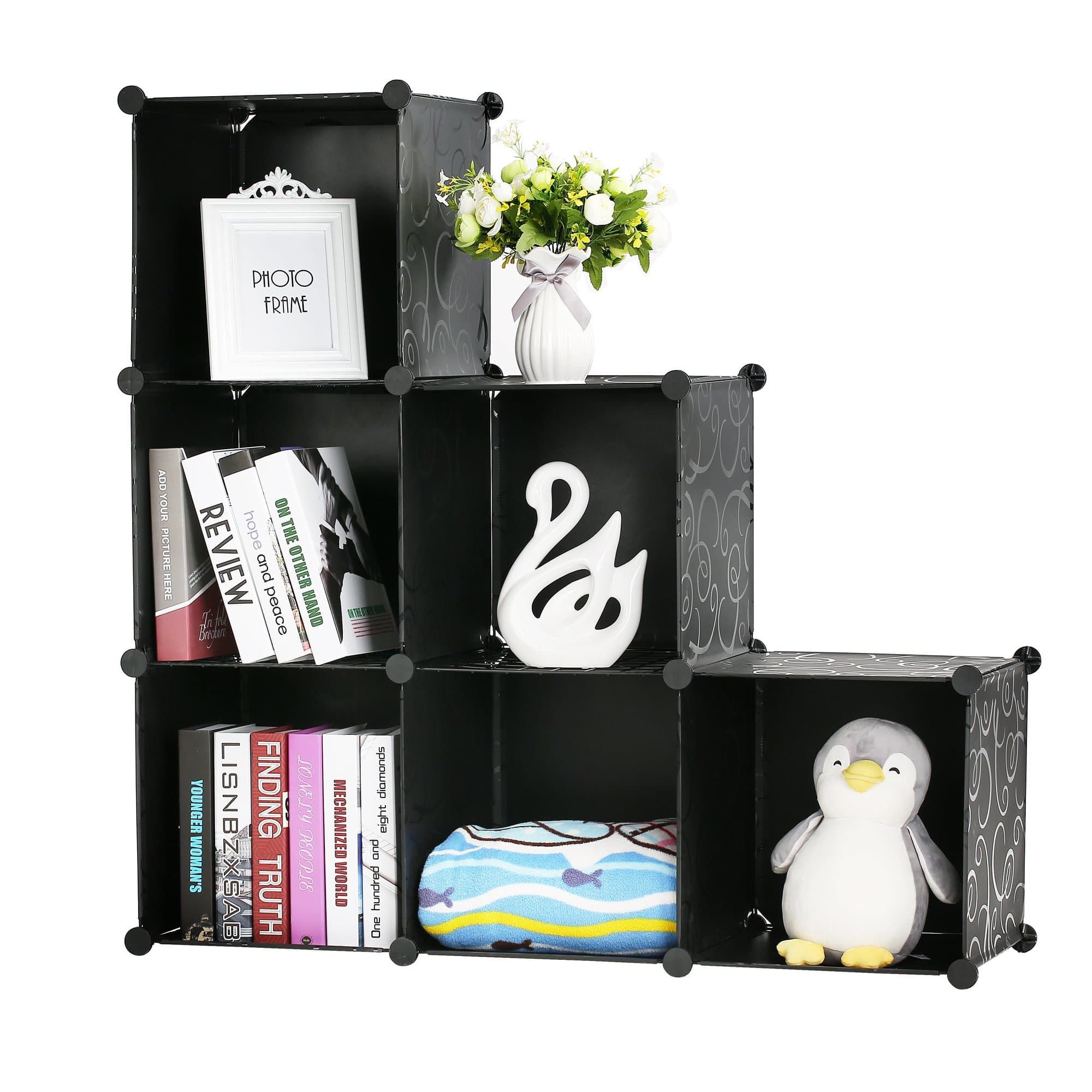BASTUO Storage Cube Organizer Plastic 6-Cube DIY Modular Storage Cabinet Portable 3-Tier Bookcase Shelf Closet, Black with Wood Hammer