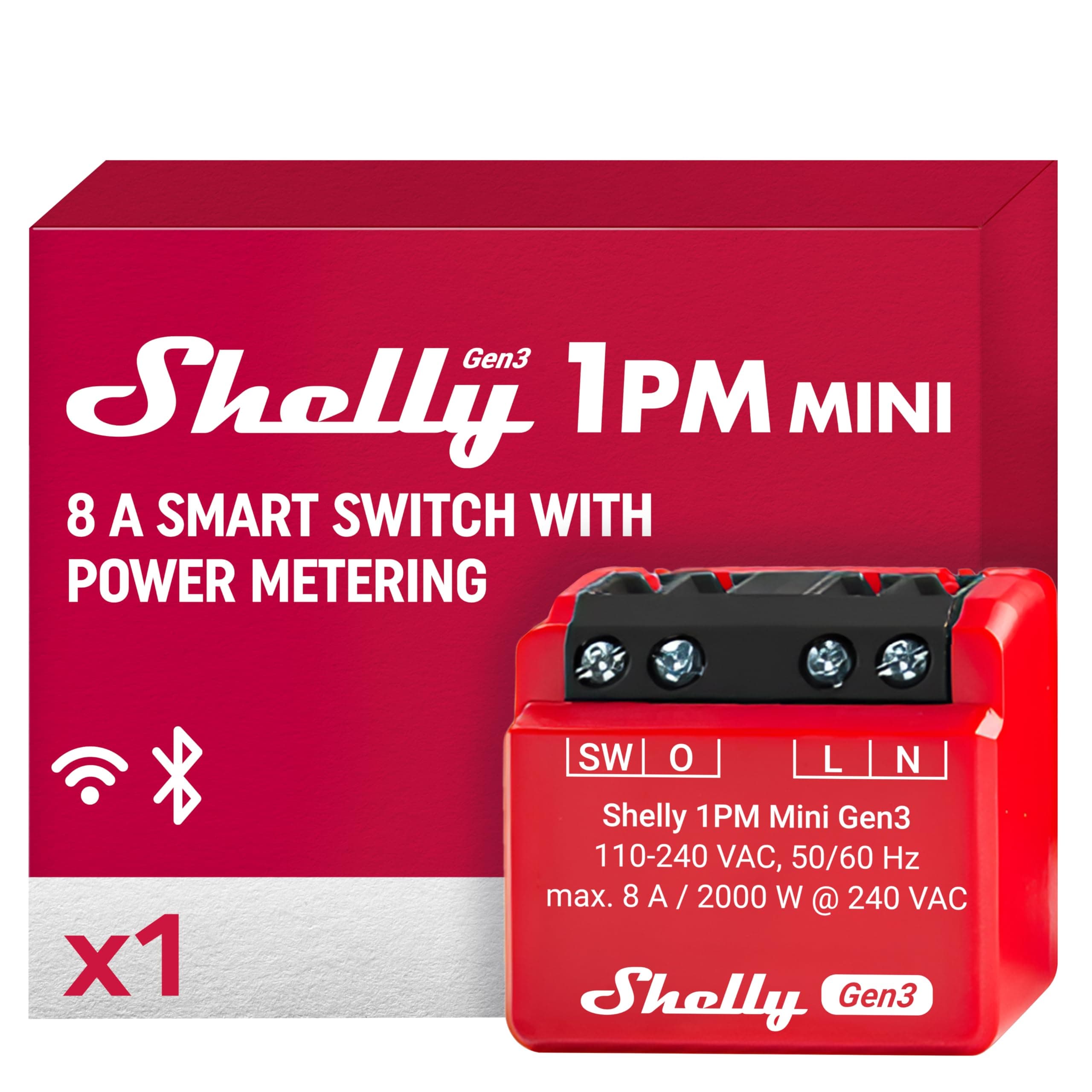 Shelly 1PM Mini Gen3 WiFi & Bluetooth Smart Relay Switch, 1 Channel 8A with Current Measurement, Flush-Mounted Light Switch, Compatible with Alexa and Google Home, iOS-Android App, No Hub Required