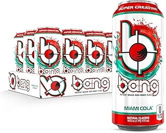 Bang Miami Cola Energy Drink, 0 Calories, Sugar Free with Super Creatine, 16 Fl Oz (Pack of 12)