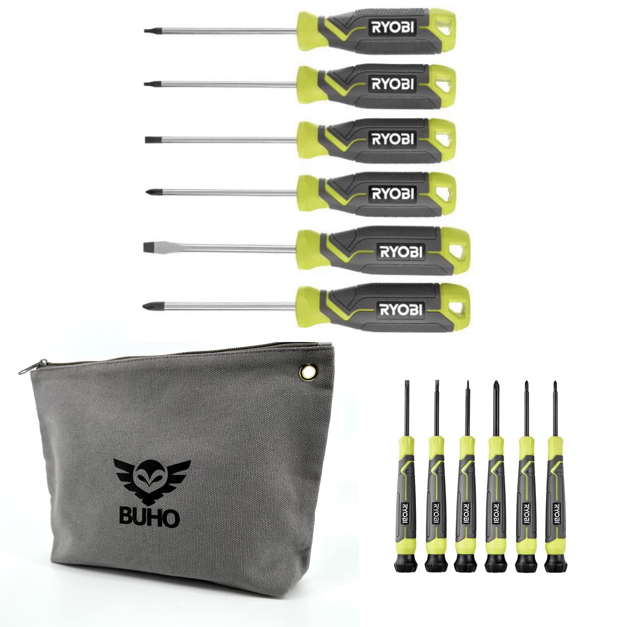 12-Piece Screwdriver Bundle with 6 Screwdrivers and 6 Precision Screwdrivers, Chrome Plated, Cushion Grip Handles, Magnetic Precision Fit Tip, Anti-Roll Body, Hang Hole and Buho Tool Pouch