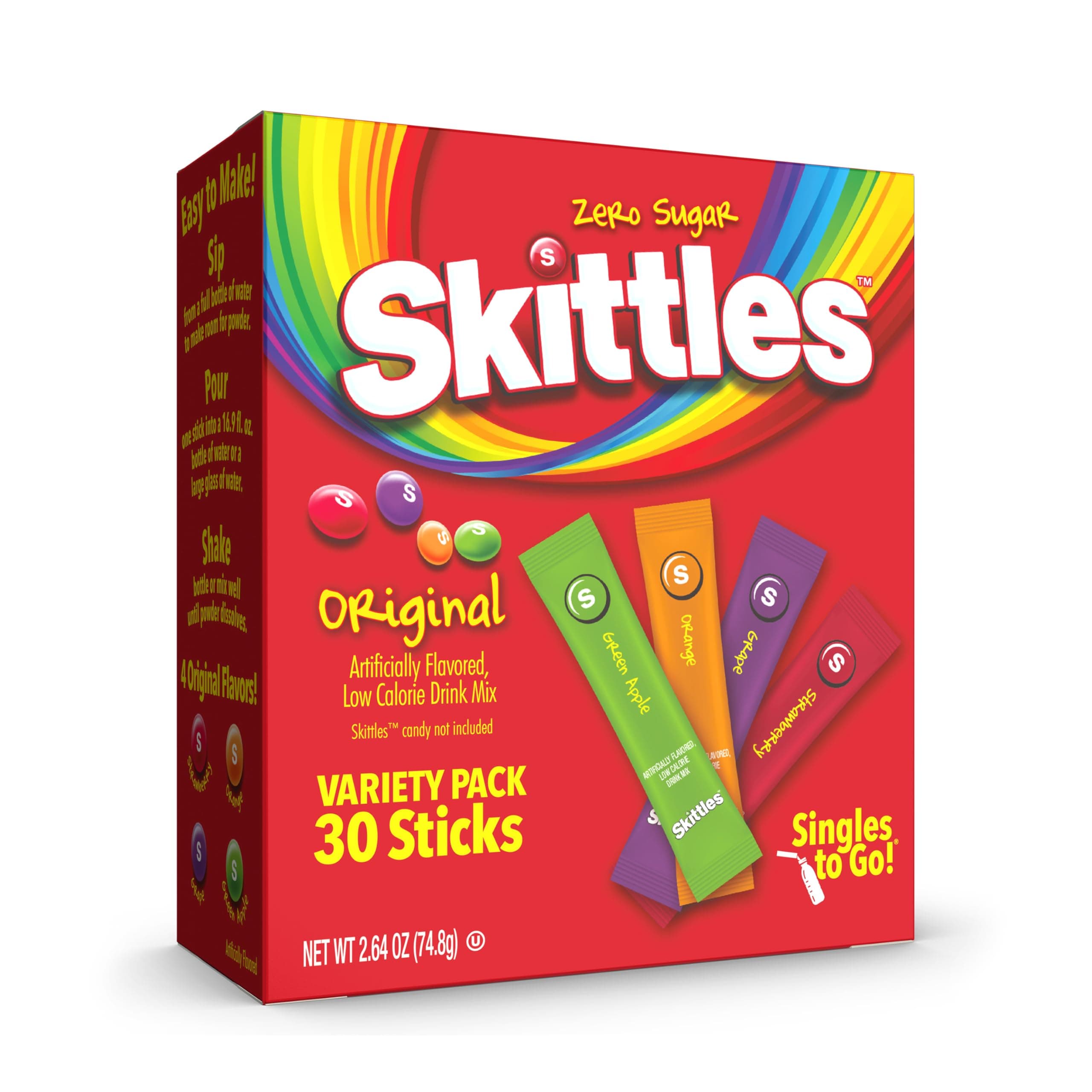 Skittles Go Variety Pack, Powdered Drink Mix, Zero Sugar, Low Calorie, Includes 4 Flavors: Green Apple, Strawberry, Grape, Orange, 1 Box (30 Servings)
