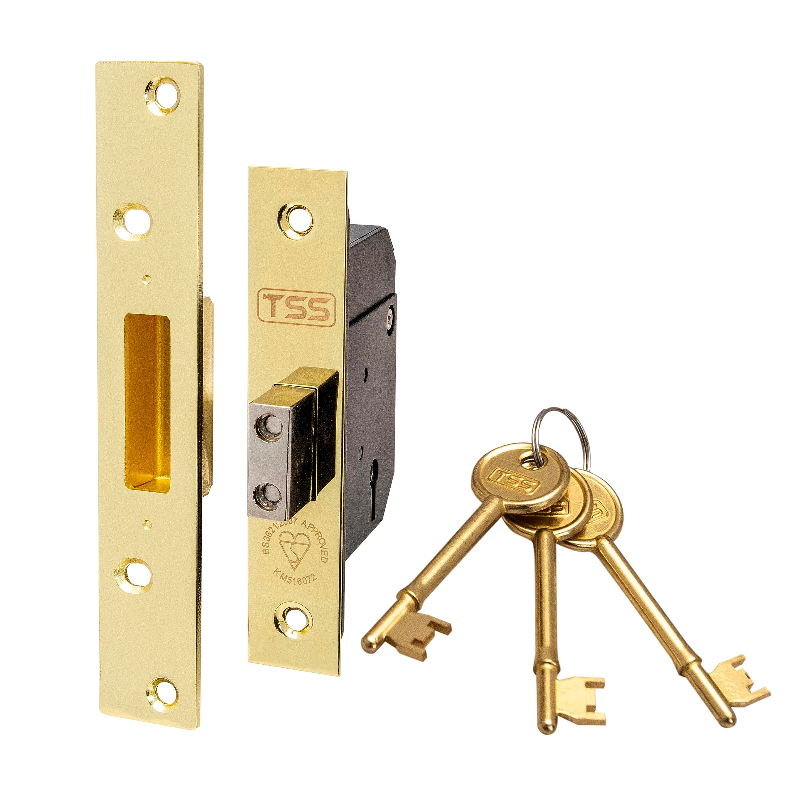 TSS High Security 5 Lever British Standard Mortice Deadlock with 3 Keys and Fixings, 2.5" (68mm) Polished Brass, Insurance Approved for External Doors, British Standard BS3621:2007