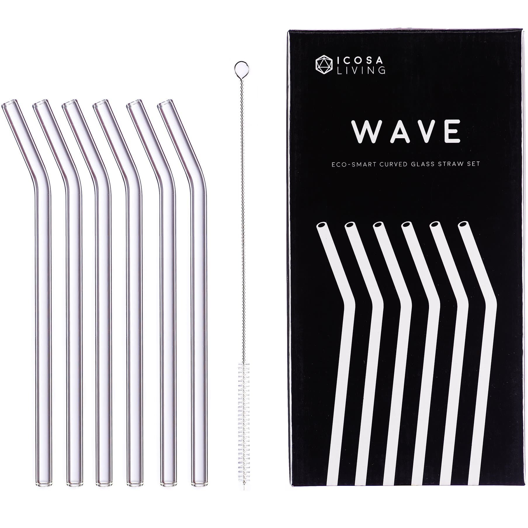 WAVE Premium Curved Glass Straws Set - 6 Pack, 9" x 10mm