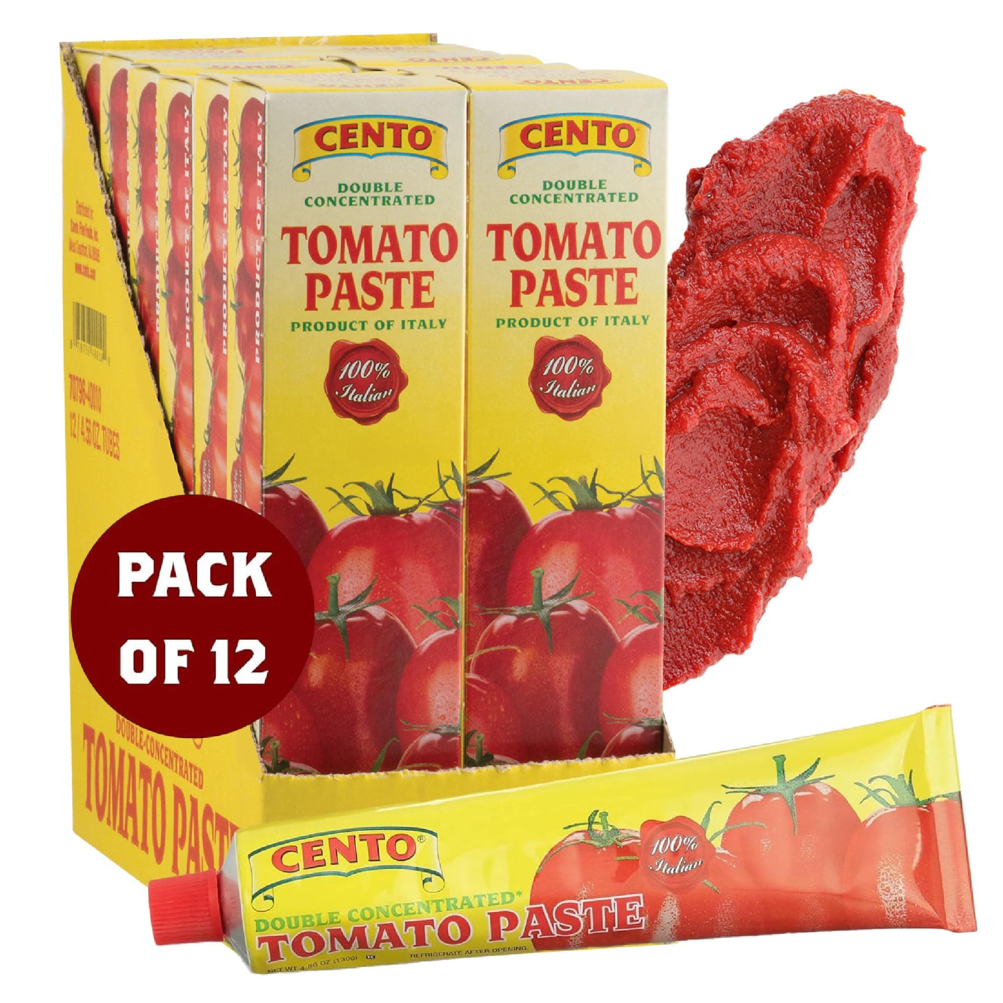 Cento Tomato Paste, 4.56 Oz Tube (Pack of 12) Double Concentrated, Thick Paste from Red, Ripe Tomatoes, Grown and Processed in Italy - Non-GMO, Gluten-Free, BPA Free, Low Sodium