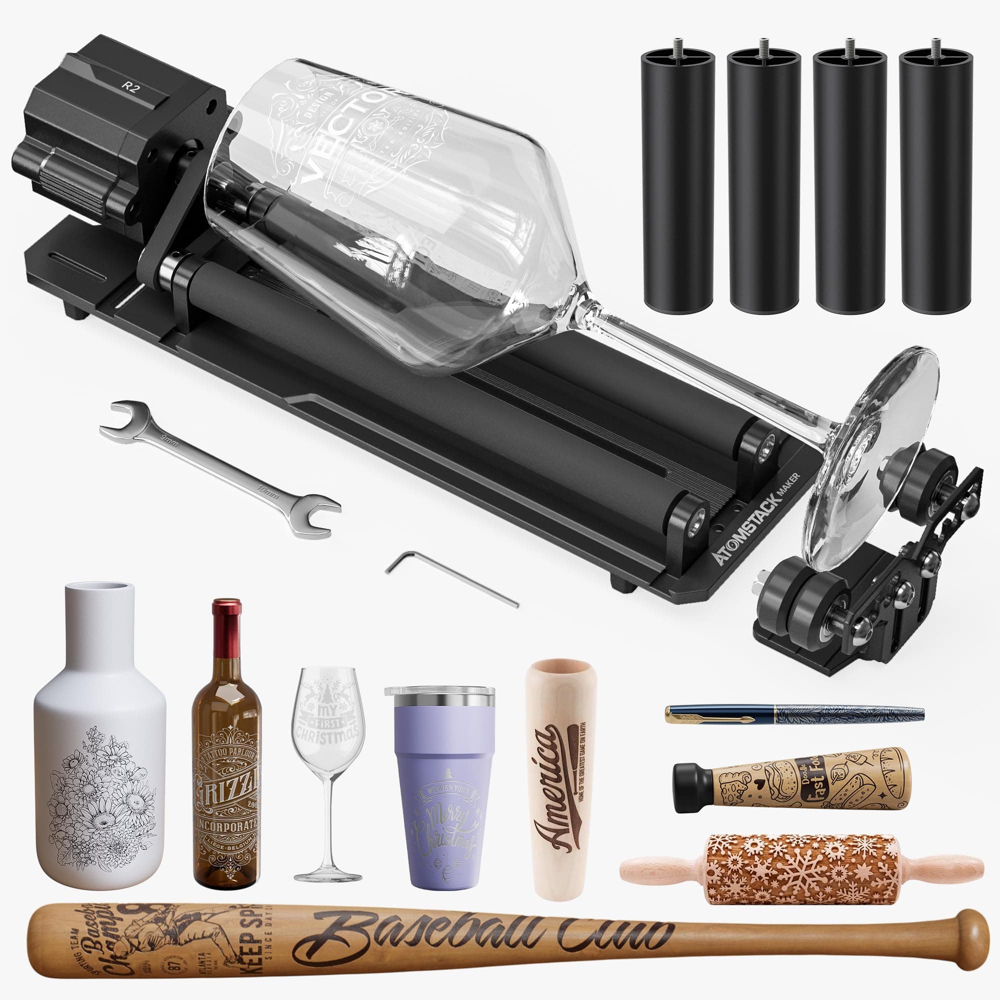 ATOMSTACKR2 V2 Laser Rotary Roller Laser Engraver Multi-Function Compatible with A6 A12 A24 Pro/Ultra Laser Engraver Roller Rotator Y-axis Rotary Engraving Module for Cylindrical Objects Bottles Cups