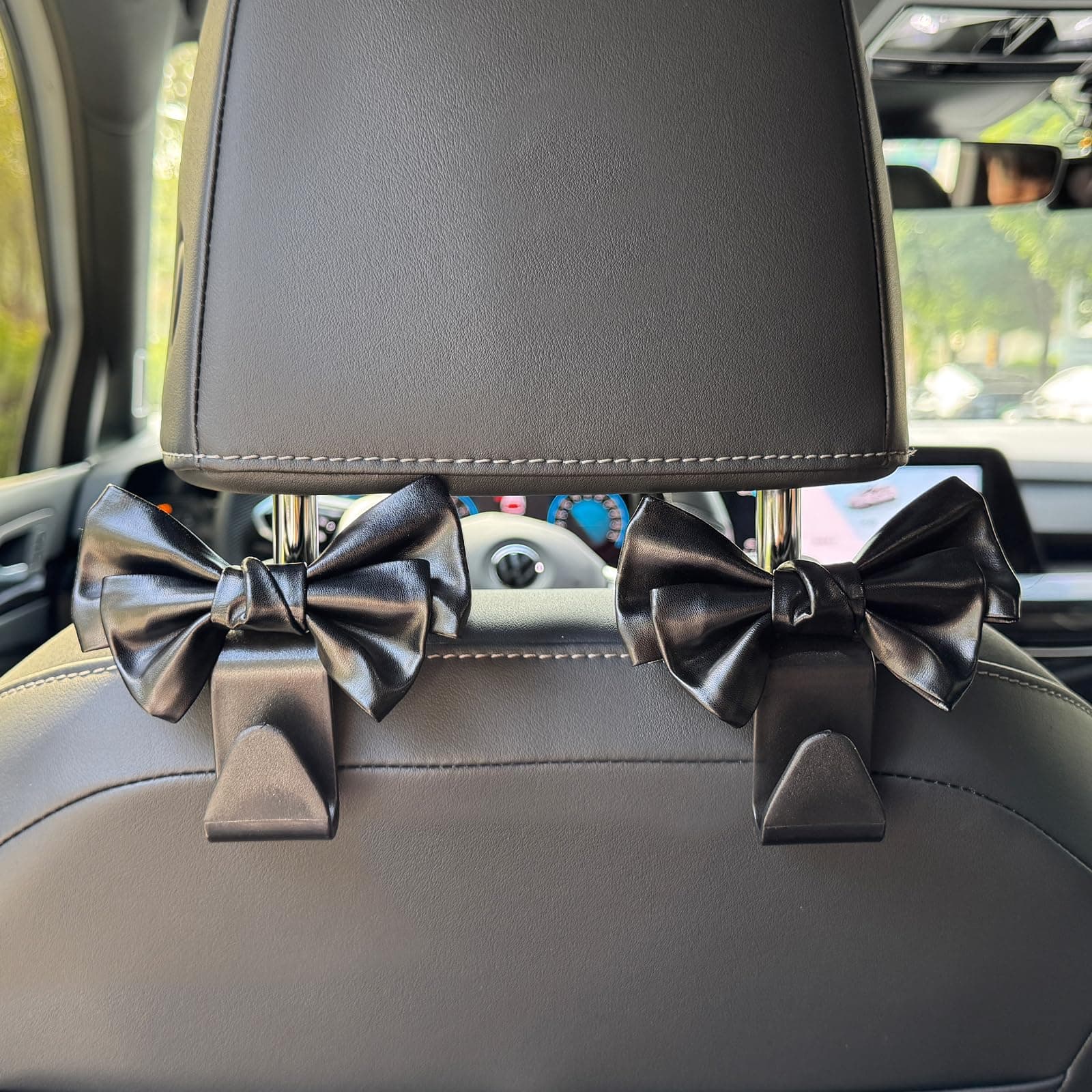 2PCS Bow Car Seat Headrest Hooks, Cute Car Accessories Interior Hangers for Handbags, Grocery Bags, Backseat Storage, Universal Fit for Cars SUVs Trucks (Black)