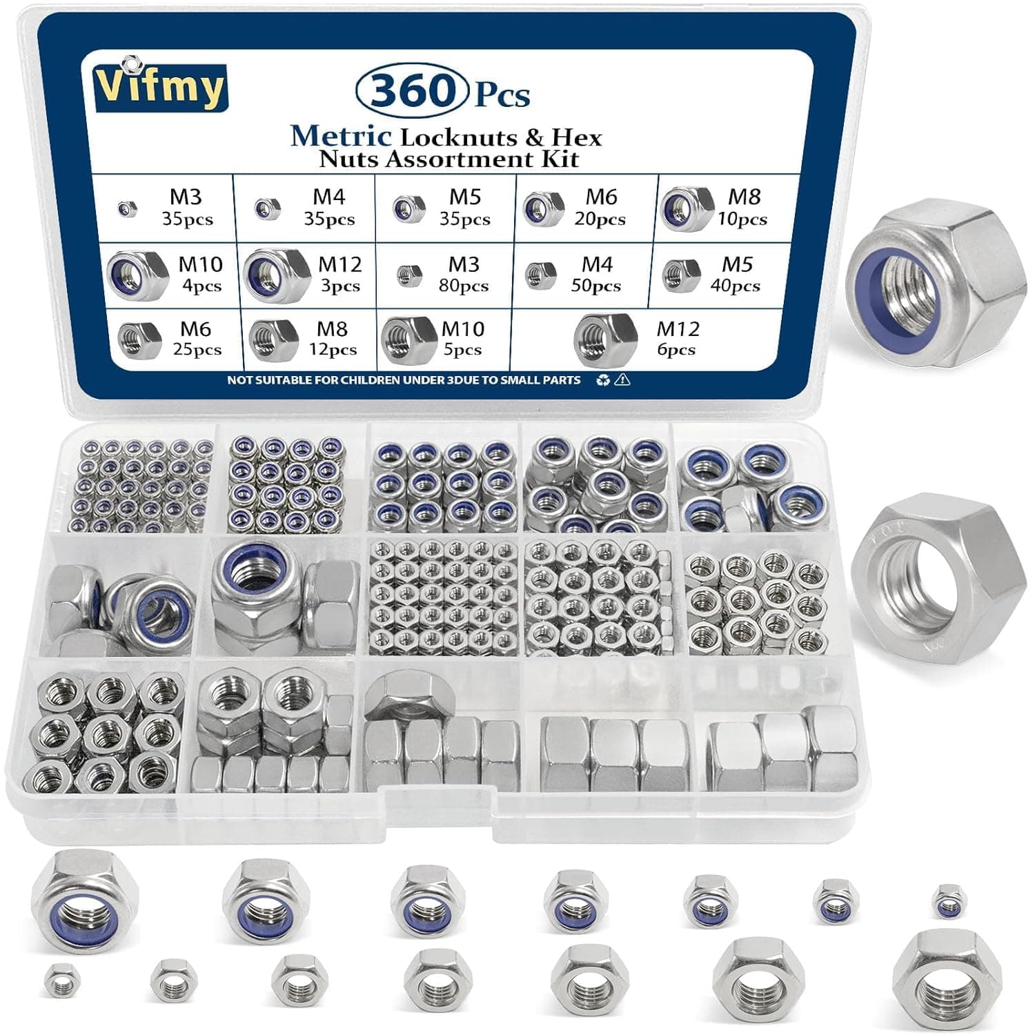 Metric Hex Nuts&Locknuts Assortment Kit(360Pcs),M3 M4 M5 M6 M8 M10 M12 Stainless Steel Assorted Hex Nuts Sets,Bright Finish