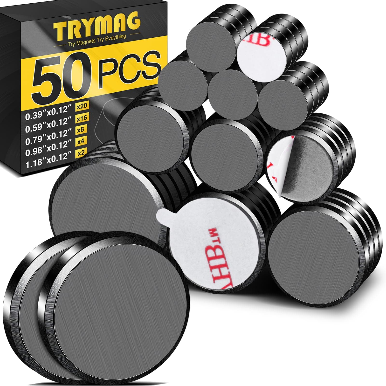 TRYMAG Small Round Black Ceramic Magnets, 50Pcs, Strong, Multi-Size (0.39-1.18inch), Adhesive Backing, Ideal for Crafts, DIY, Home & Office