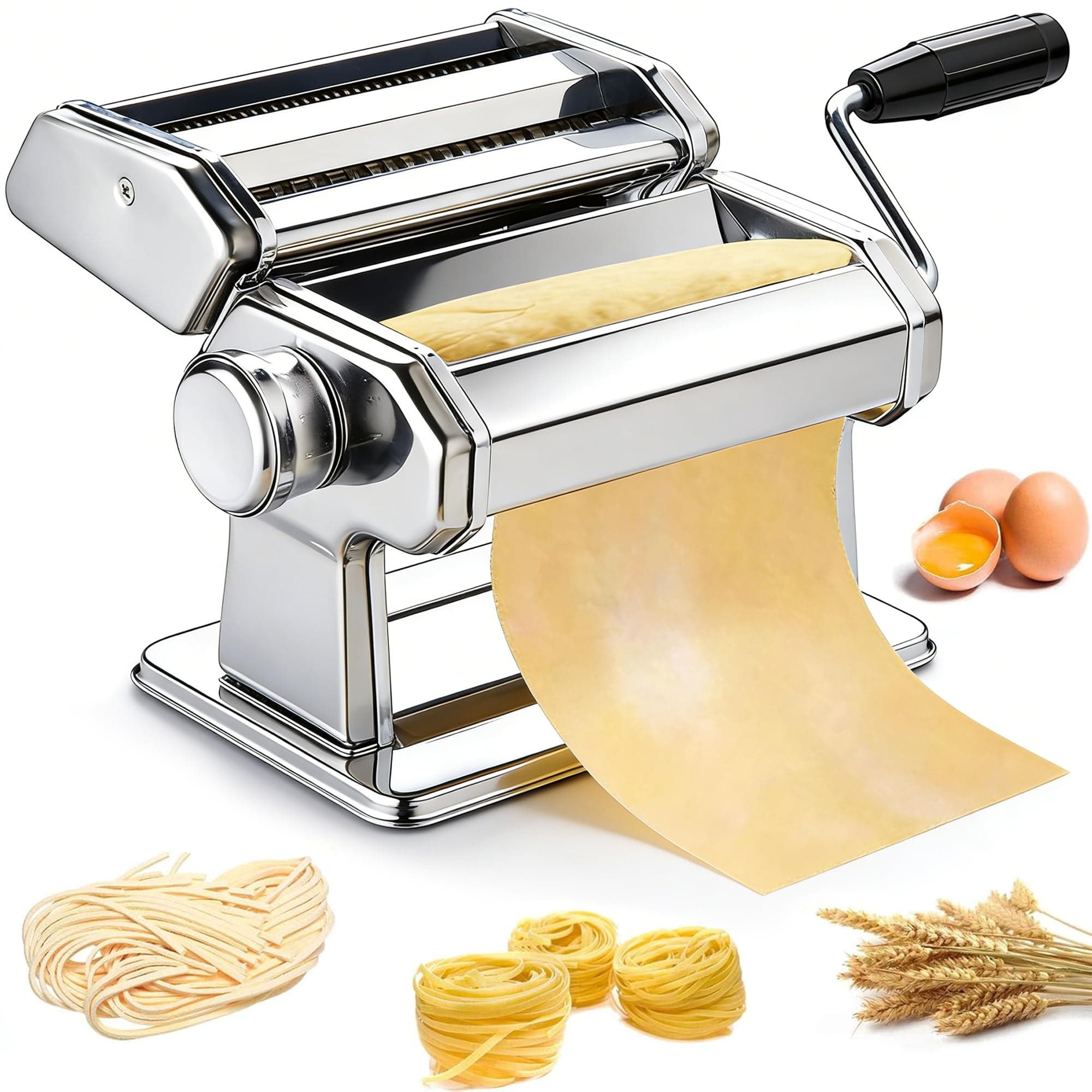Pasta Maker, Stainless Steel Pasta Machine Manual Roller Pasta Maker with 7 Thickness Settings for Spaghetti Linguine Fettuccine Lasagne, Includes Dough Cutter & Hand Crank